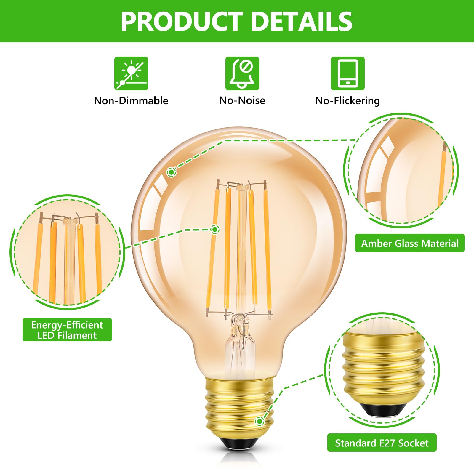 Morotty E27 Edison Screw Light Bulbs,4W Equivalent 40W,Globe Decorative Light Bulb,400lm,Warm White 2200K,Led Filament - Image 3