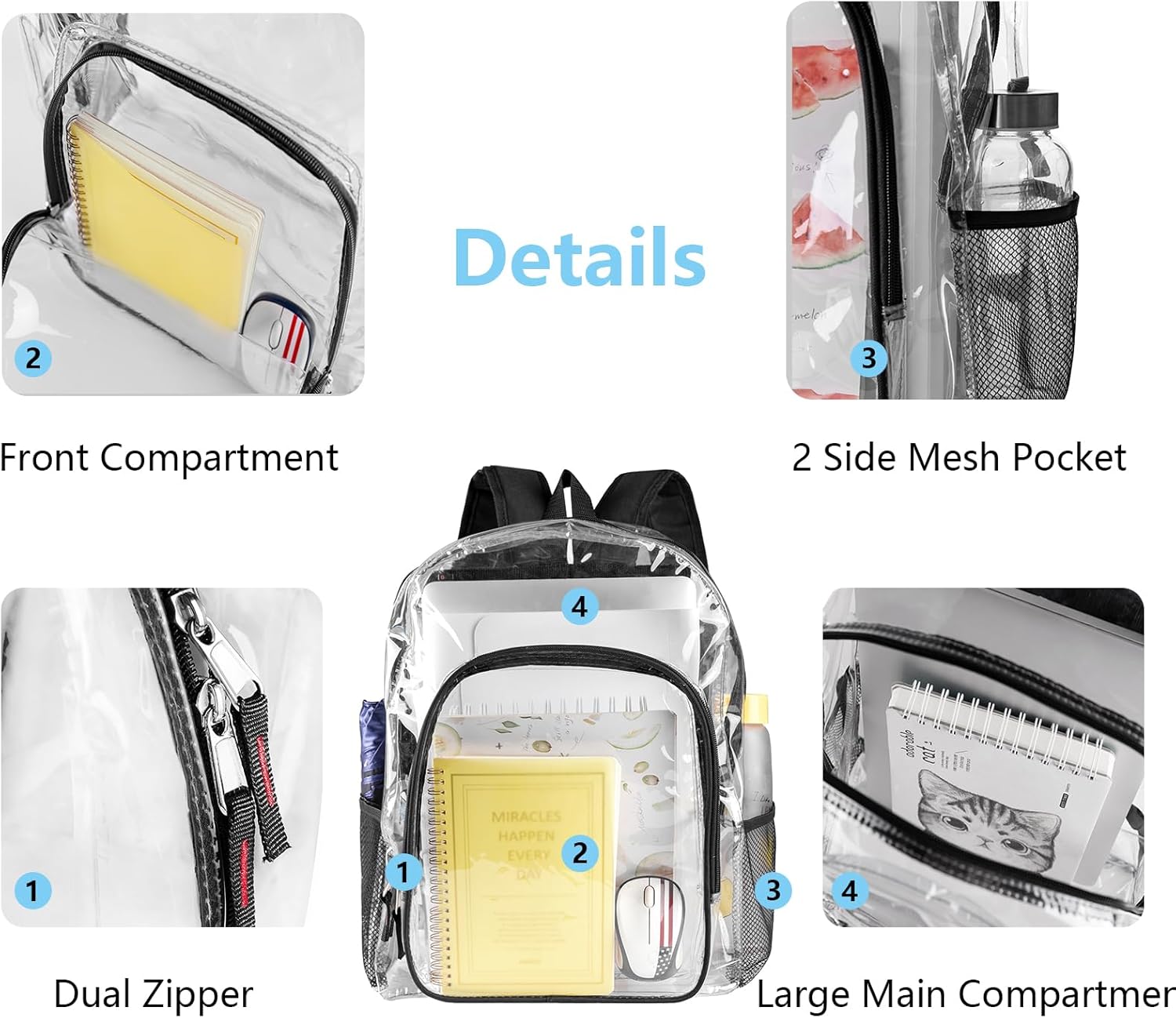Fomaris Bulk Clear Backpack Wholesale for School 2 Pack Clear Bookbag for Boys, Girls, Work, Travel -2 Count,Black