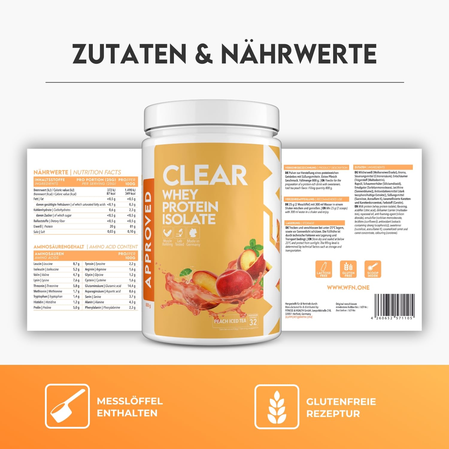 WFN Approved Clear Whey Protein Isolate - Peach Iced Tea - 800 g - Fruchtiger Protein Shake - Produziert & laborgeprüft in Deutschland