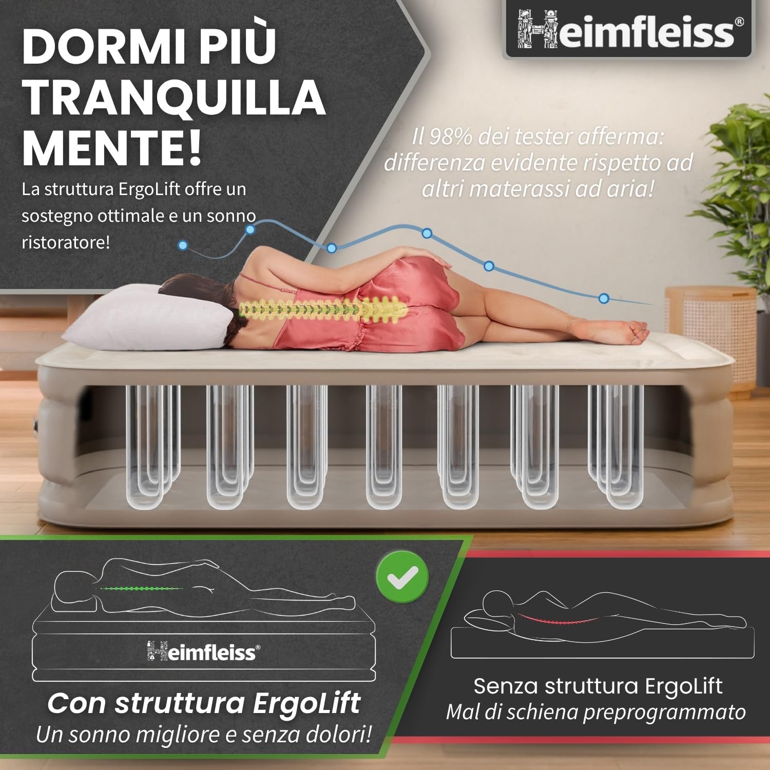 Heimfleiss® Materasso Gonfiabile Singolo 100x200x45 cm | Letto Gonfiabile Singolo per Ospiti, Casa e Campeggio | Materassino Autogonfiante Premium con Pompa e Superficie Inferiore Antiscivolo | Beige