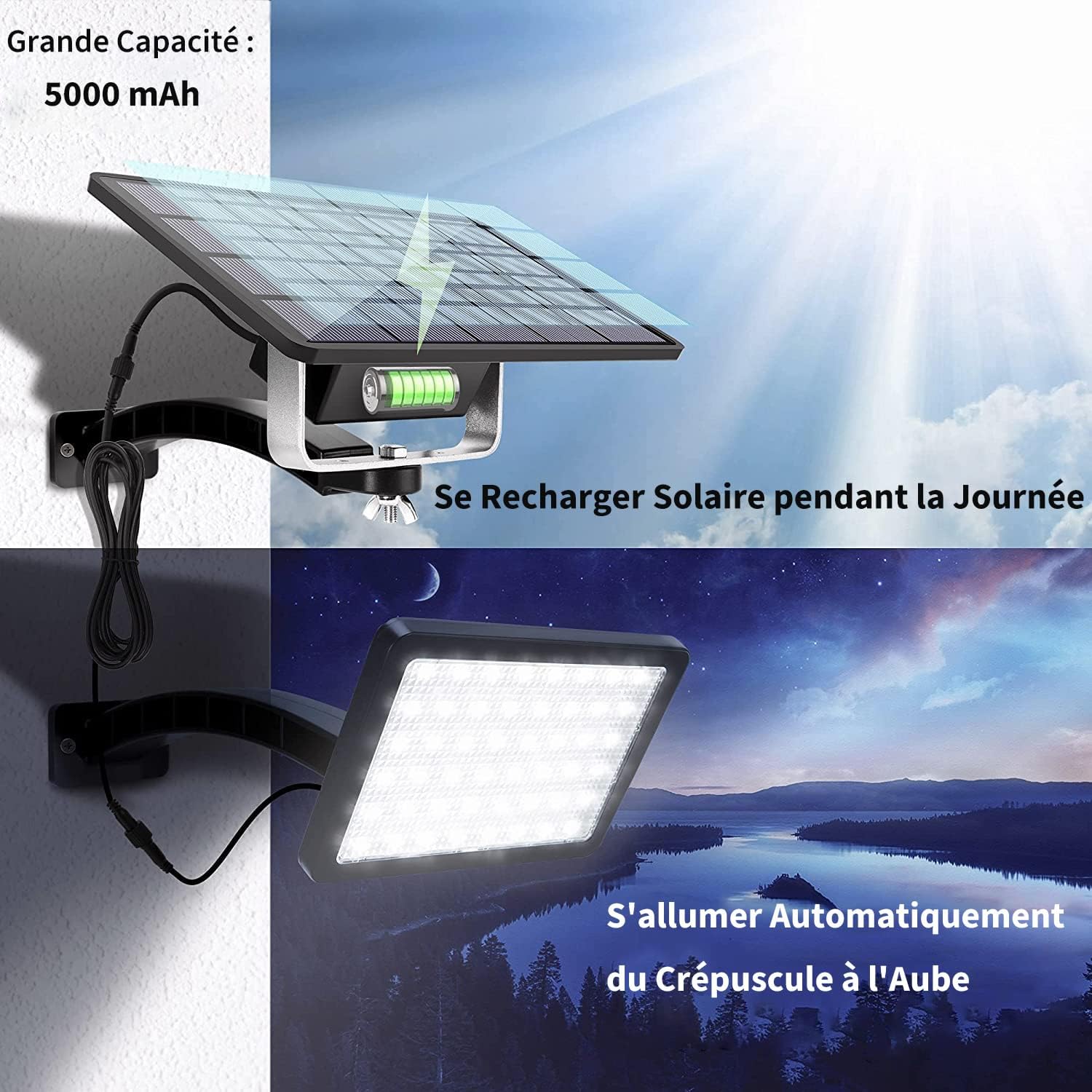 JACKYLED Lampe Solaire Puissante Exterieure de 1000 Lumens, Projecteur Led Solaire avec Batterie a Grande Capacite 5000 mAh, Eclaira - photo 2