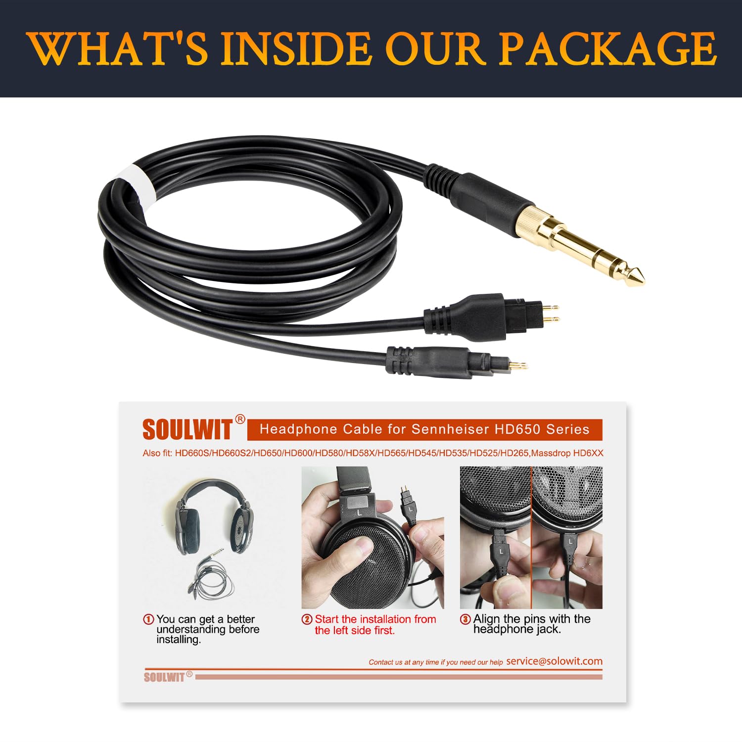 SOULWIT Kopfhörer Kabel für Sennheiser HD660S/HD660S2/HD650/HD600/HD580/HD58X/HD565/HD545/HD535/HD525/HD265, Verlängerungskabel (6N OCC-Kupfer) mit 3,5mm Stecker, 6,35mm Adapter–PVC (1,2m/4 ft)