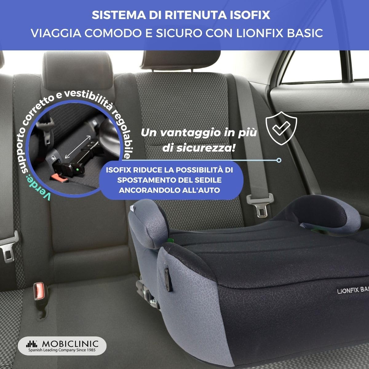 Mobiclinic®, Alzatina Auto Bimbi, ISOFIX Regolabile, I-Size ECE R129, Portabottiglie Rimovibile, 125-150 cm, Rivestimento Sfoderabile e Lavabile, da 22 a 36 kg, Bracciolo Imbottito, Lionfix Basic