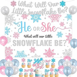 Winter Gender Reveal Party Decorations, What Will Our Little Snowflake Be Banner Backdrop He or She Snowflake Cake Cupcake Topper Pink Blue Balloons for Baby Shower Party Decoration