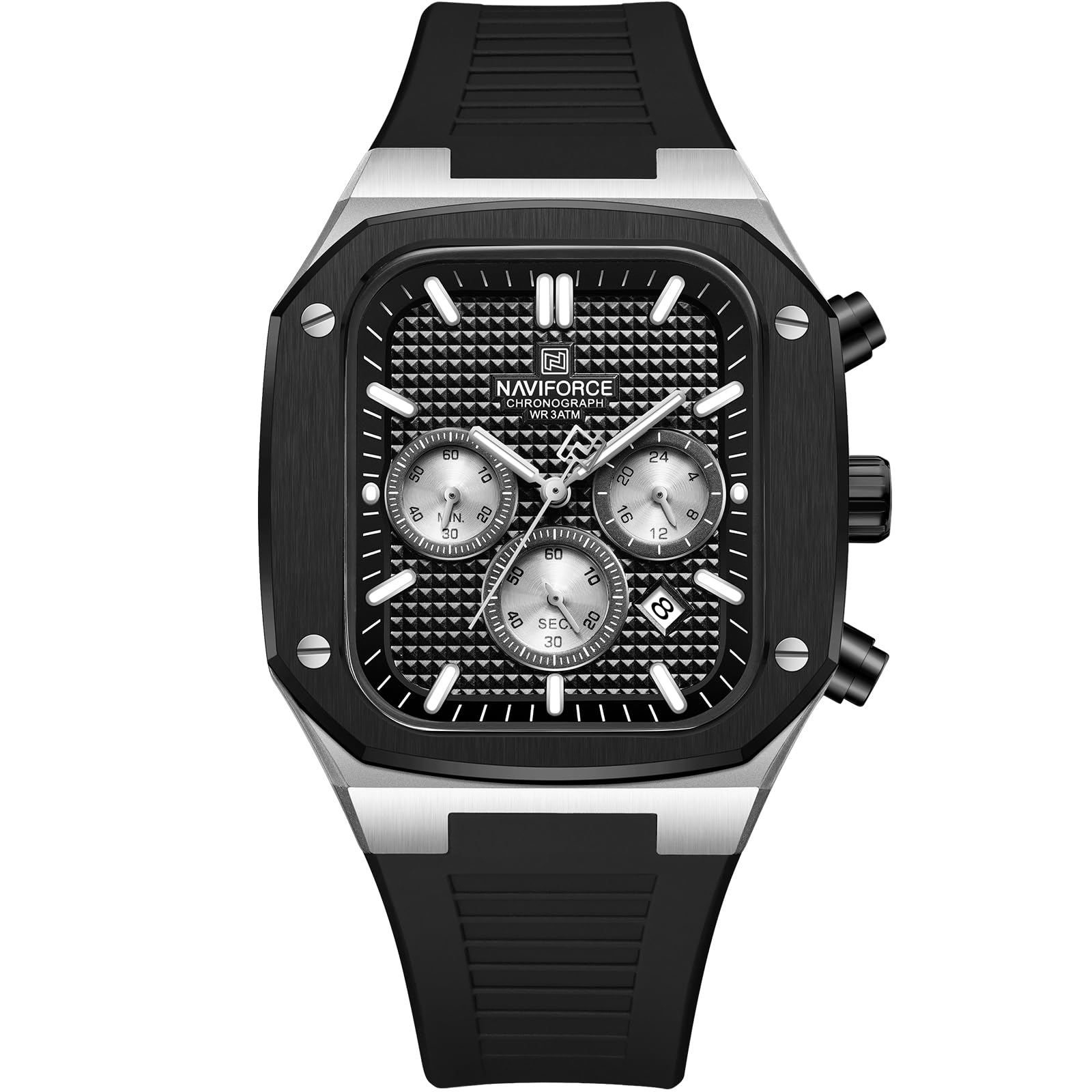 NAVIFORCEMens Square Watches,Chronograph Analog Calendar Wrist Watch, Quartz Waterproof Watches for Men, Silicone Band