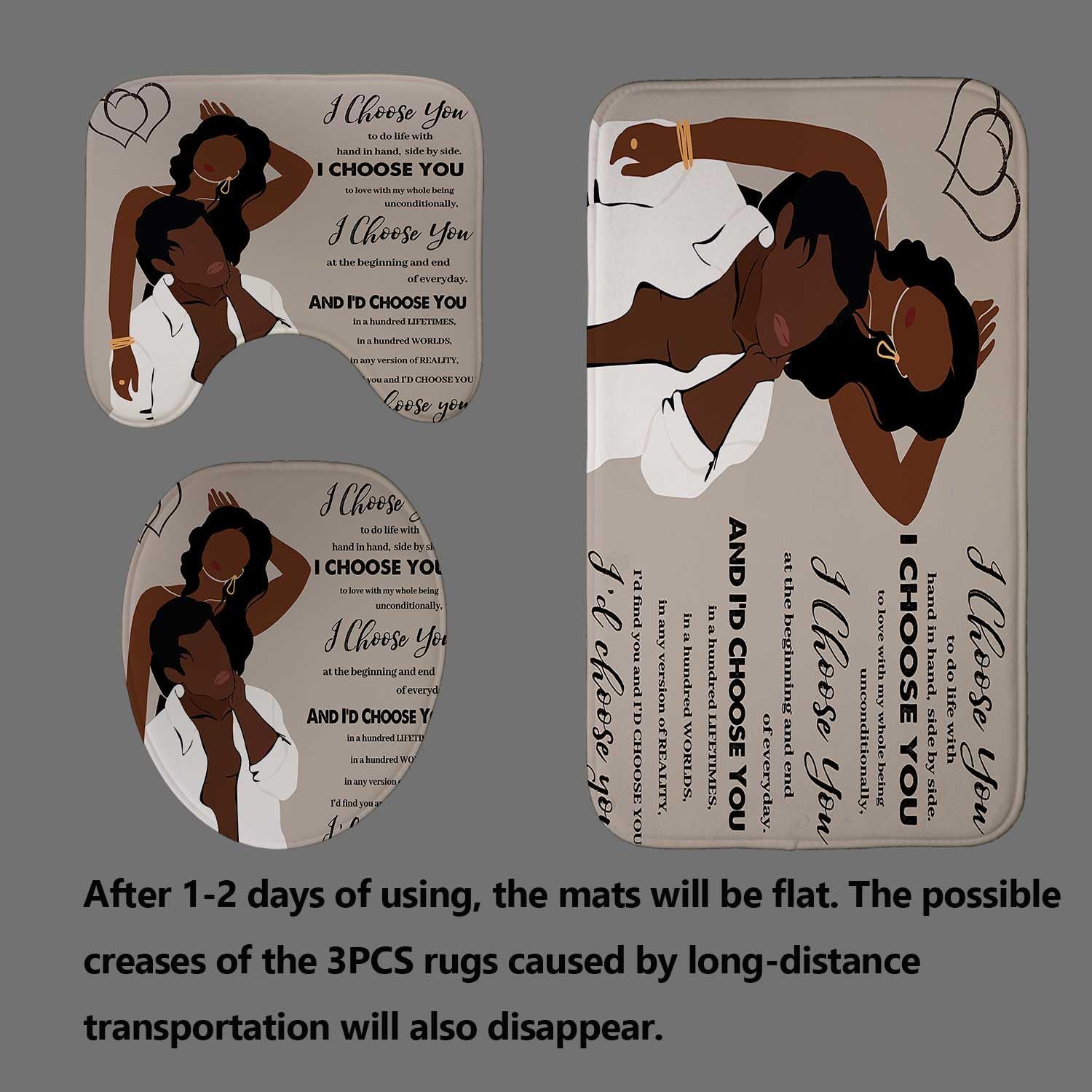 4PCS African American Shower Curtain Sets with Rugs, Inspirational Quotes Shower Curtain, Waterproof Fabric Brown Shower Curtain, Black Women Men Romantic Afro Lovers Couple Bathroom Decor