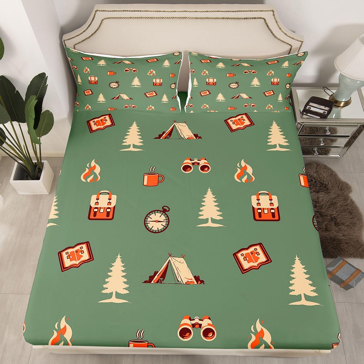 Homewish Camper Adventure zestaw prześcieradeł tematycznych podwójne, szczęśliwe prześcieradła kempingowe kreskówka namiot torba podróżna pościel - zestaw pościeli dla miłośnika kempingu 4-częściowy