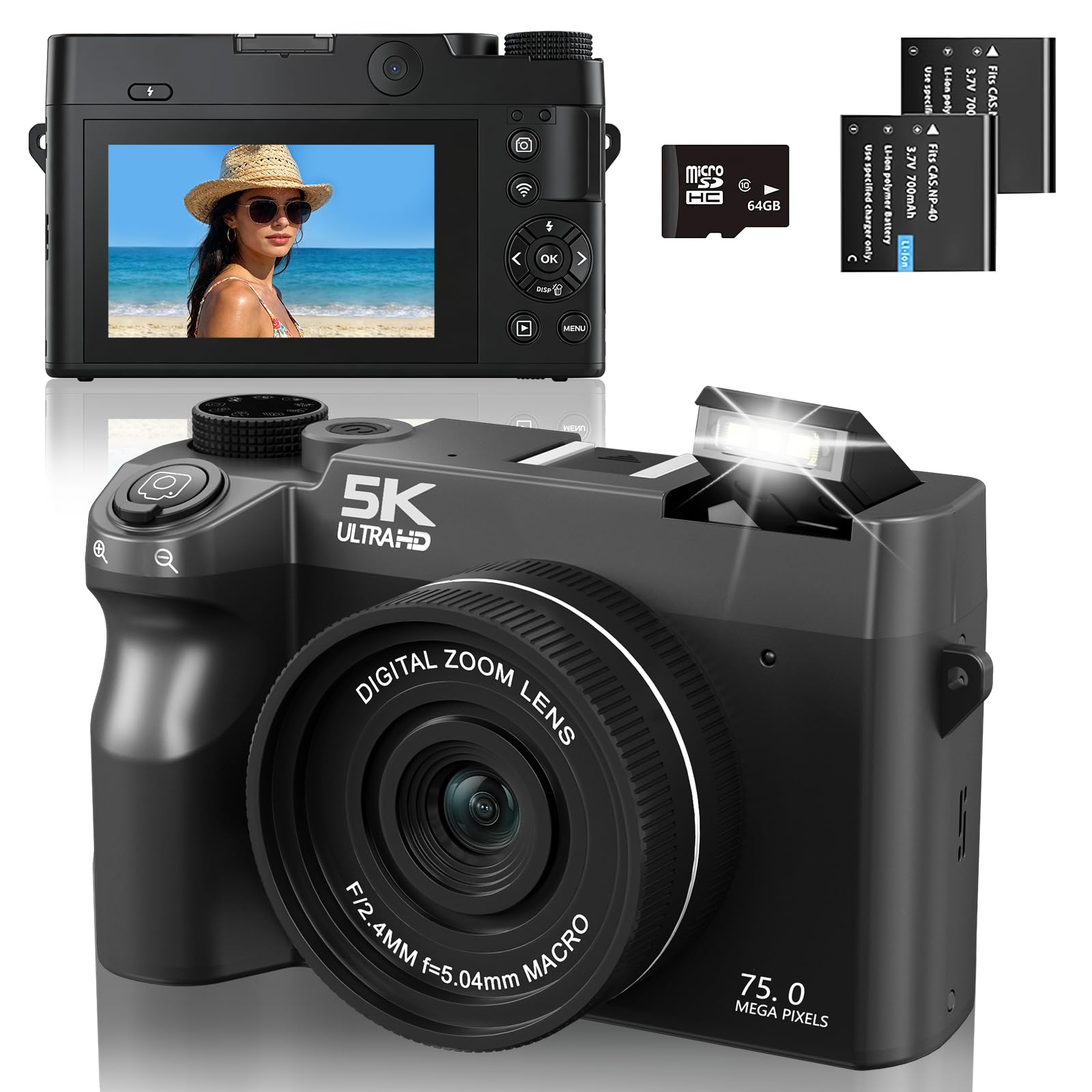 Cámara Digital 5K 75MP Cámara de Fotos para Vlogs con Wi-Fi, Cámara Compacta con Pantalla LCD de 3", Autofoco, Zoomdigital 18X, Tarjeta 64GB Incluida, Selfies Cámara para Principiantes Adolescentes