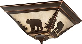 VAXCEL Bozeman 14 Inch Flush Mount Rustic Ceiling Light, Bear Silhouette, Dimmable Indoor Outdoor Lighting, Burnished Bronze Finish, Amber Flake Glass