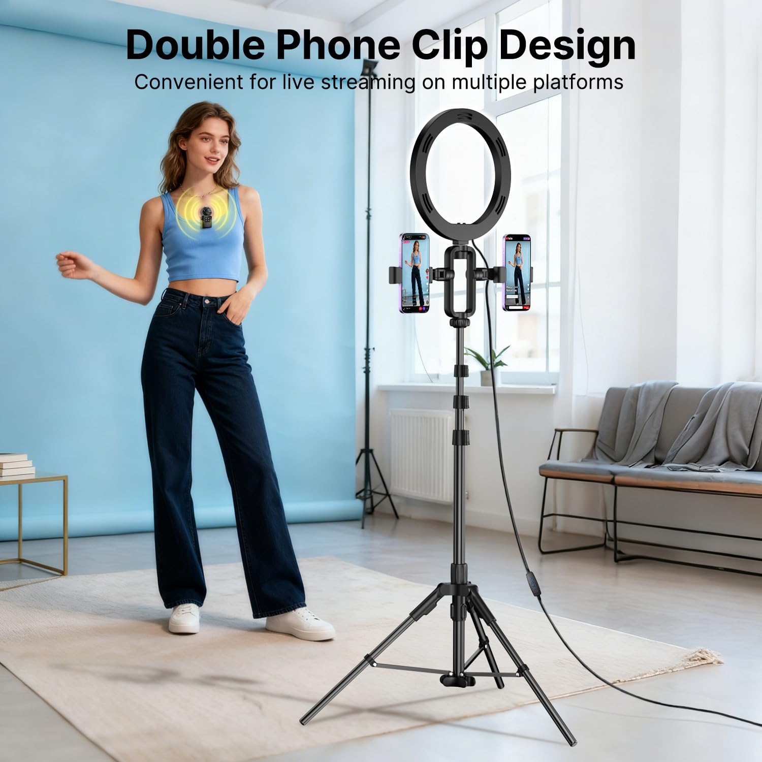 yAyusi Kit de Vlogging para iPhone/Android, Trípode Extensible de 198 cm con Micrófono/Anillo de Luz/Soporte para Teléfono/Control Remoto, Adecuado para Grabación de Vídeo y Transmisión en Vivo