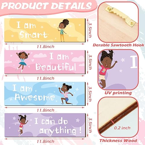 Miniatura 3 de Yookeer 4 piezas de letreros motivacionales para habitación de niñas, decoración de pared con diseño de niña negra, decoración de madera