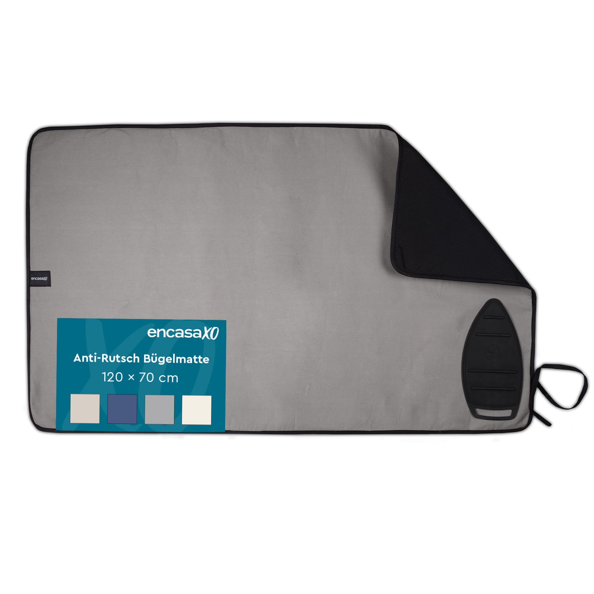 Encasa XO Große Bügelmatte (120x70 cm) mit Rutschfestem Silikonbügelhalter, 3mm Polsterung. Tragbare, Hitzebeständige Decke für Tisch - Grau