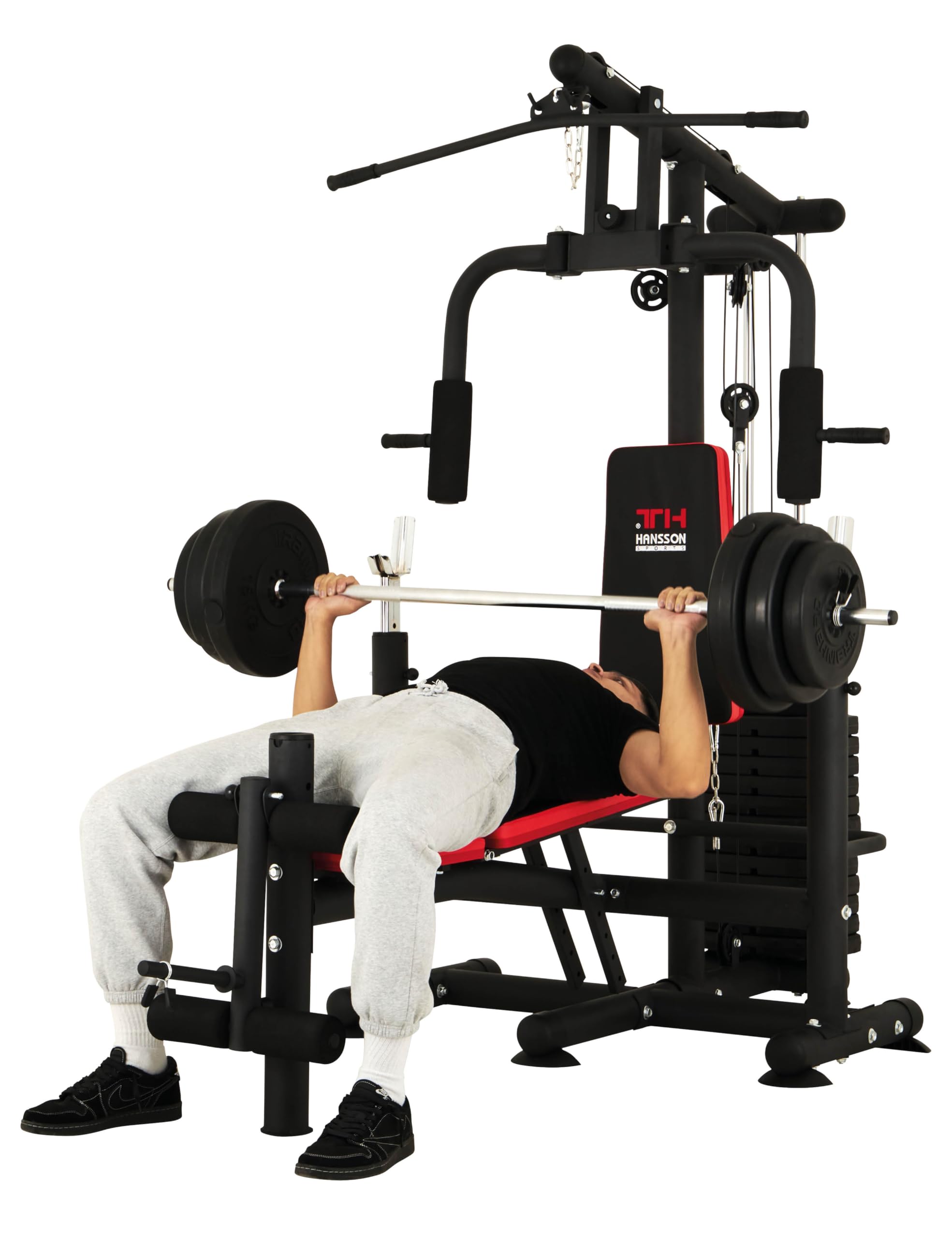 Hansson Sports® Universal Kraftstation Hantelbank Multifunktion mit Hantelablage Latzug Butterfly Beinstrecker Beinbeuger 65kg Gewichten klappbar