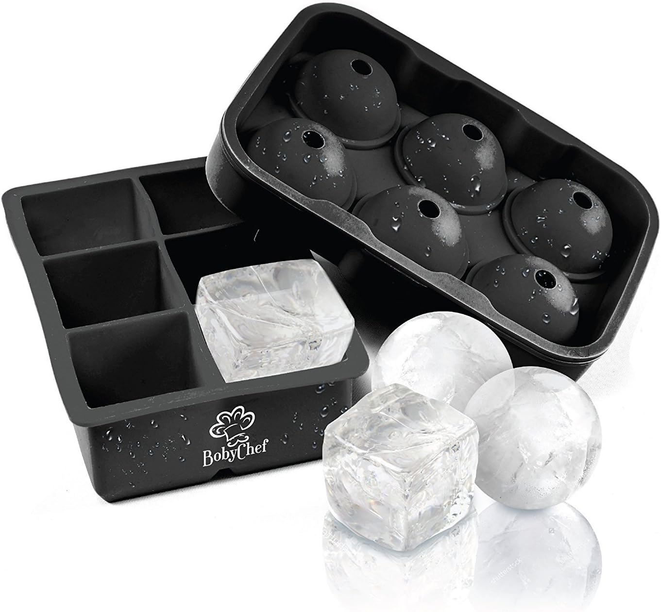 Whiskey Ice Cube Trays Set By BobyChef - Silicone Cube and Balls, Professional Food Grade Silicone - Sphere Ice Maker & Large Square Mold - Flexible & Reusable - Cool Drinks, Liquids or Popsicles