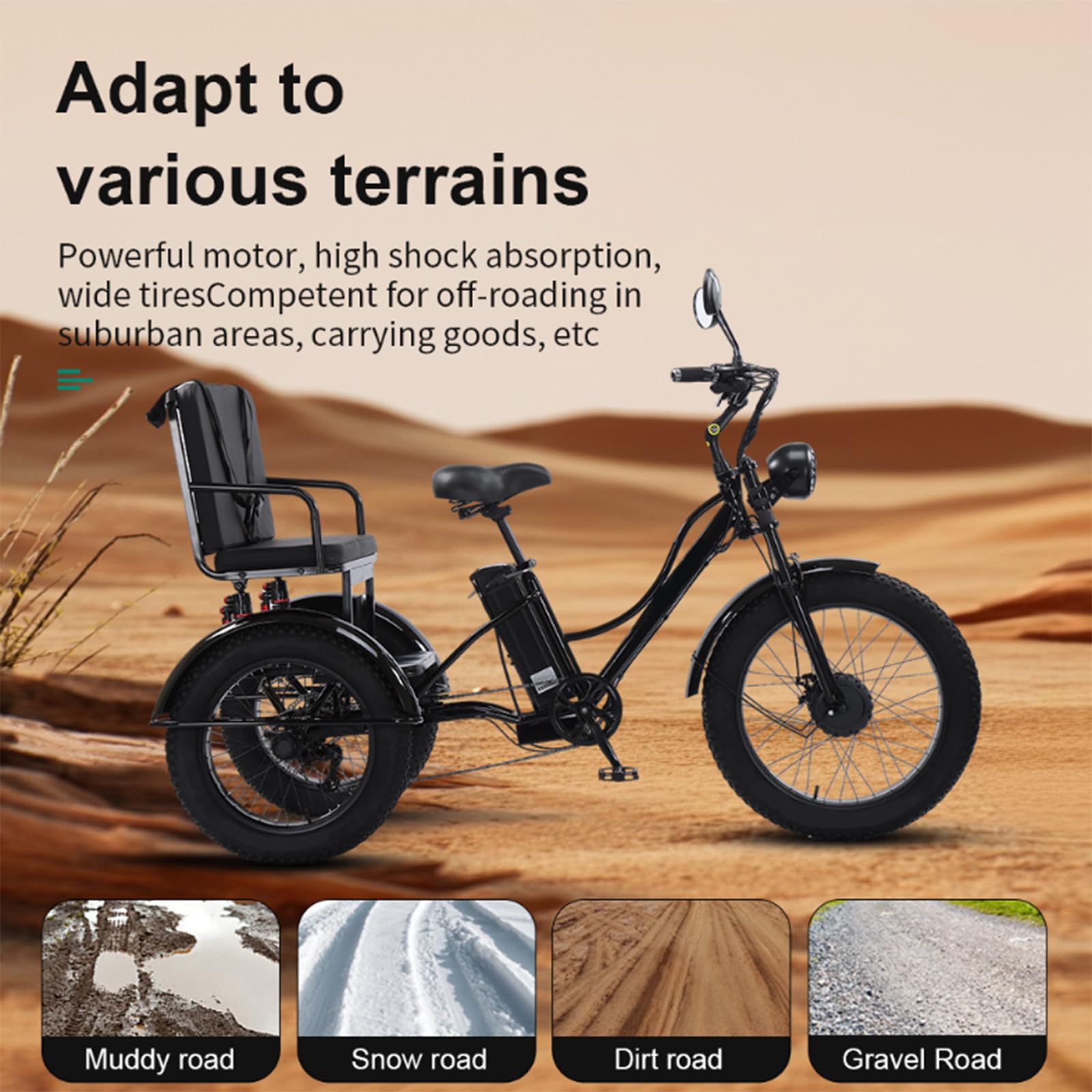 Triciclo Eléctrico De 24 Pulgadas Con Neumáticos Anchos Y Asiento Para Pasajero, 48 V/18 Ah Electric Tricycle, Carga MáXima: 150 Kg, Pantalla Lcd Y Faro Delantero, Para Ciudad Y MontañA. Black