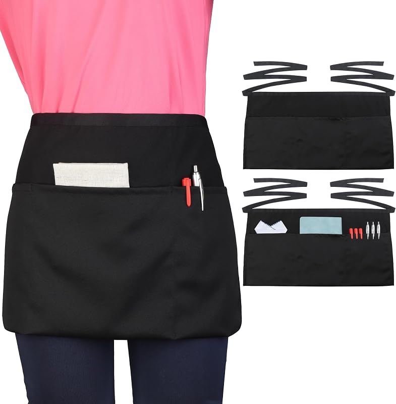 Server Waitress Waist Apron - Half Apron with 3 Pockets,Black Short Aprons for Servers,Waiter Apron