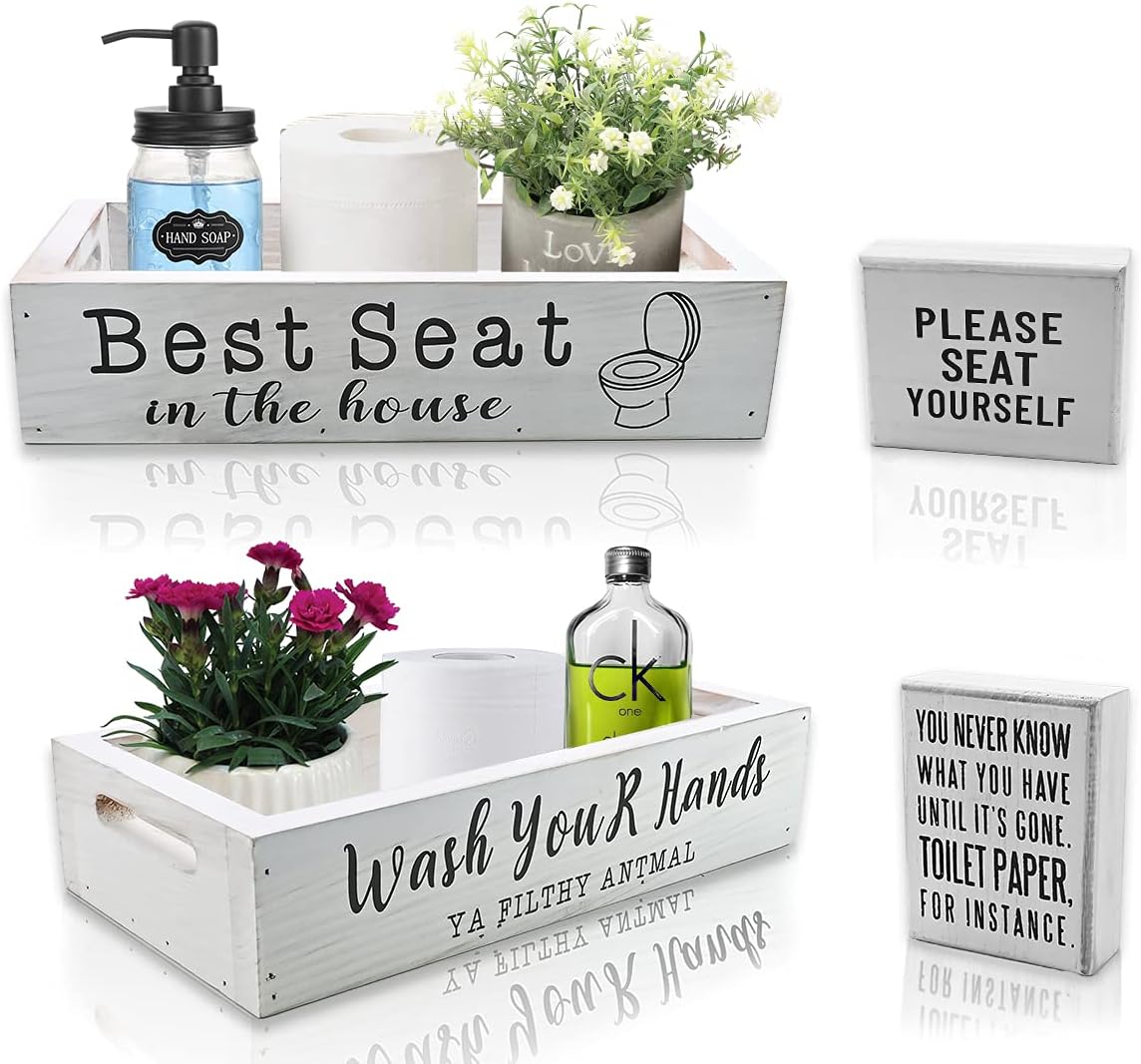 Farmhouse Bathroom Decor, Rustic Home Decor Storage Box, Rustic Bathroom Decor Box with Funny Bathroom Signs, Funny Bathroom Decorations