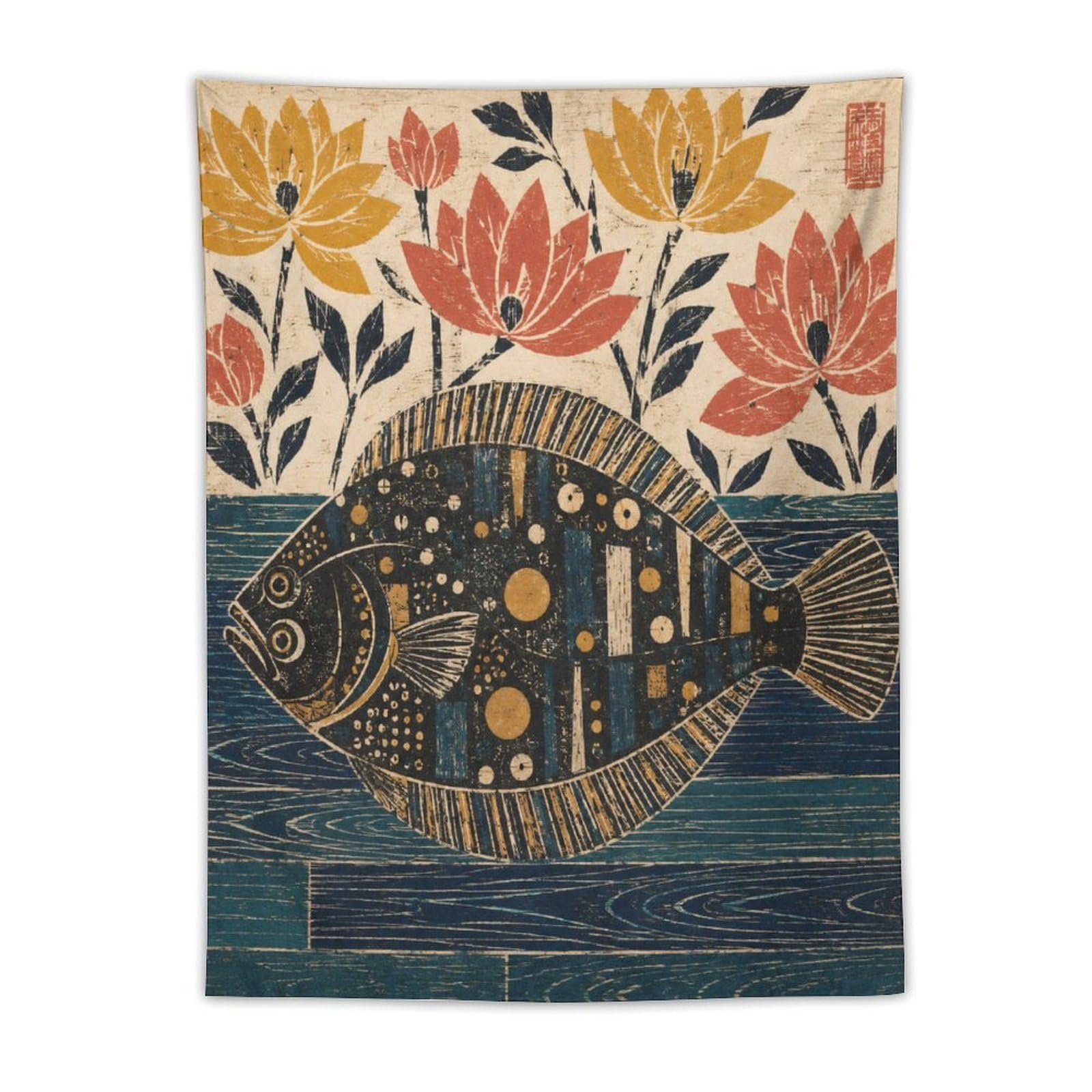 H3B8U2Y5 Folk Art Flounder Wall Tapestry, Realistic Illustration