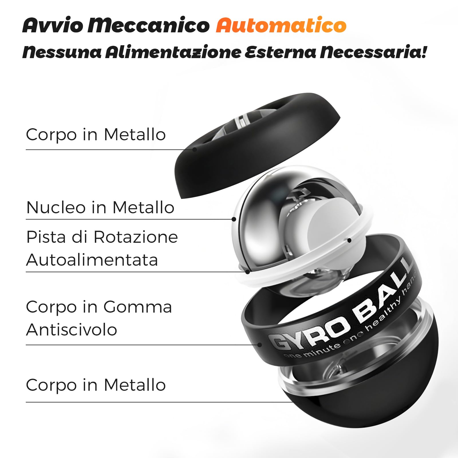 Gyroball con rivestimento nero lucido, palla da allenamento per il polso, avvio automatico, controllo della resistenza e della luce a 5 livelli, trainer giroscopico per l'avambraccio, per