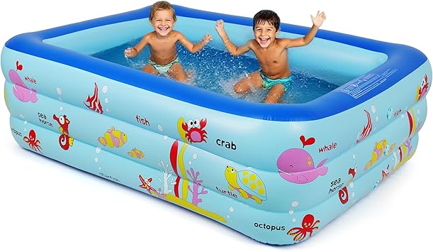 Inflatable Swimming Pool with Pump, 180x140x50cm Rectangular Blow Up Pool, Durable PVC, Easy Setup, Repair Kit Included, for Outdoor Family Summer Fun