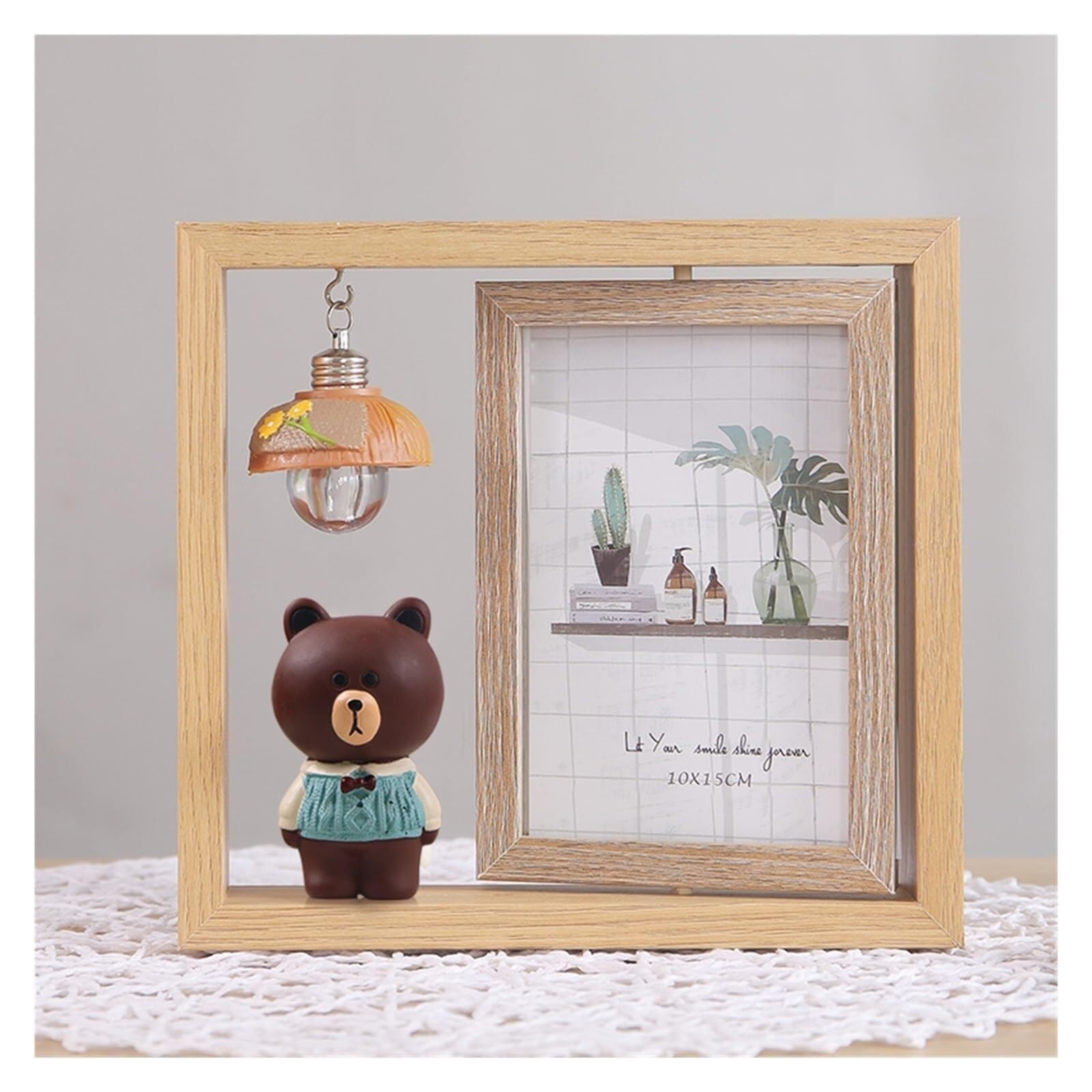 Photo Frames Photo Frame Creative Set-up Double-sided Rotating Wooden with Light Cartoon Pig(Bear)