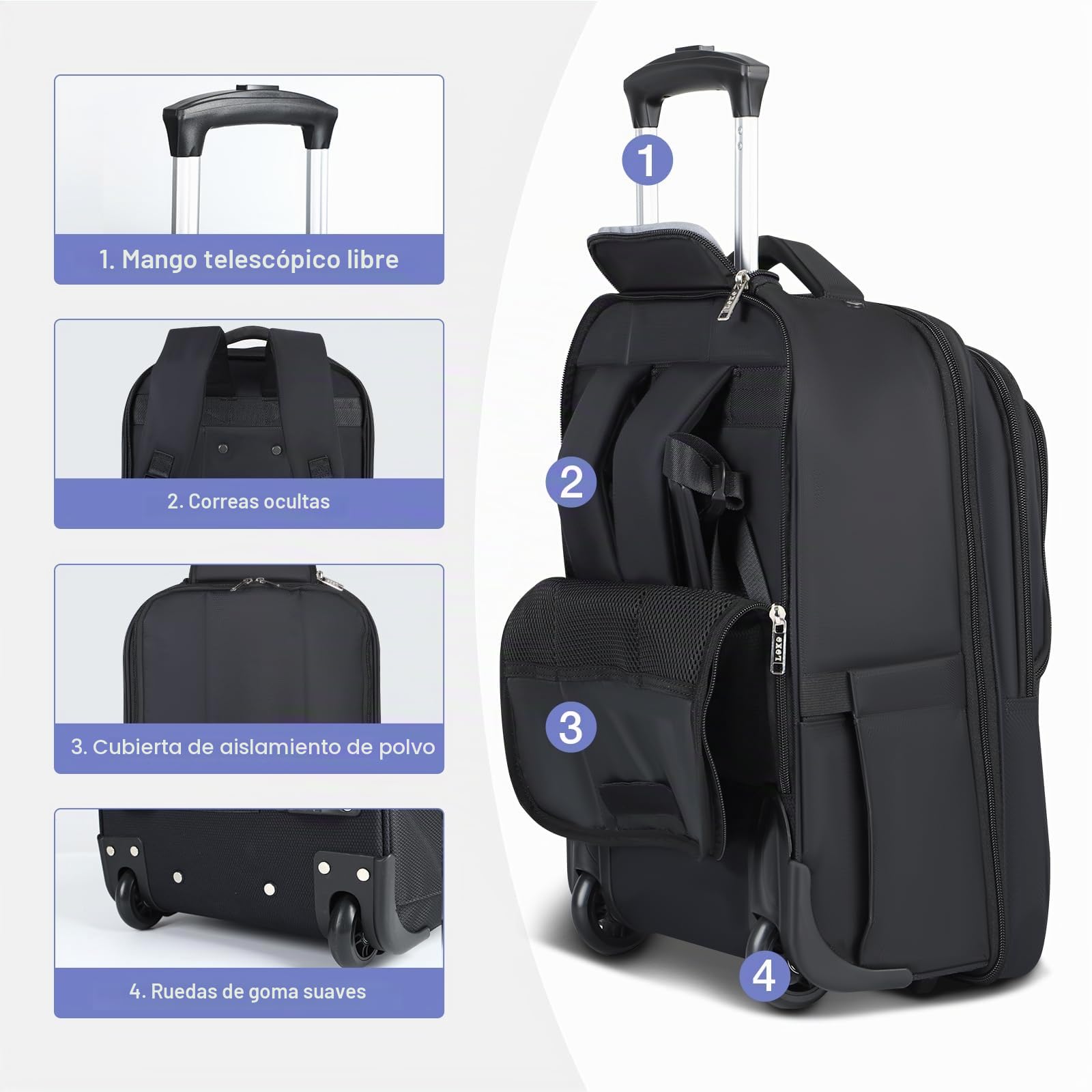 Mochila con Ruedas para Adultos - Mochila Portatil con Ruedas 17 Pulgadas, Mochila Viaje Cabina Impermeable para Hombre y Mujer, Ideal para Trabajo, Viajes y Uso Diario (Negro)