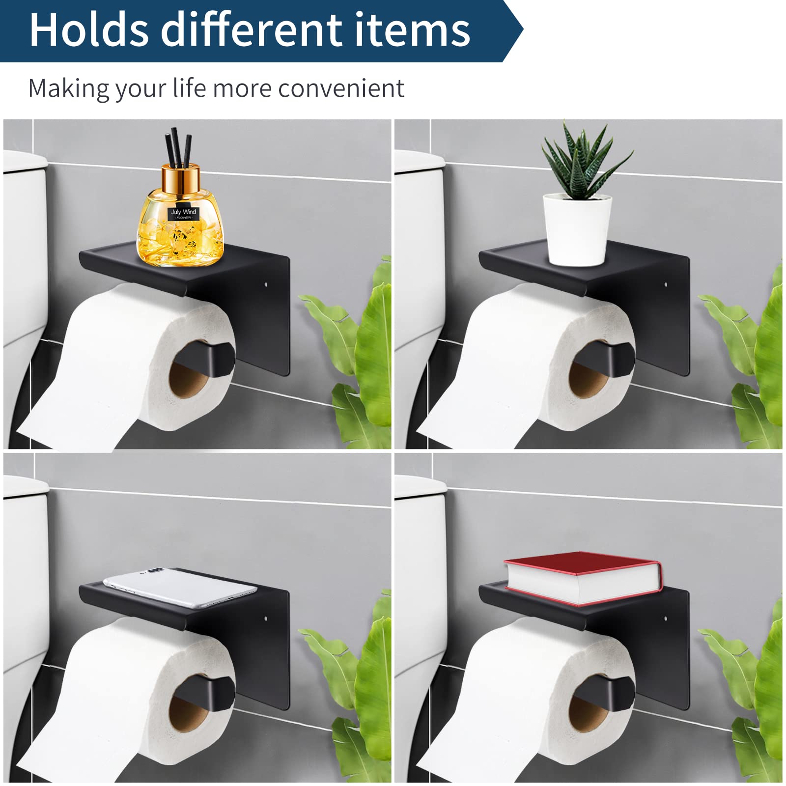 Toilettenpapierhalter Mit Ablage Aus Holz & Metall – Selbstklebend Oder Schraubbar, Mattschwarz