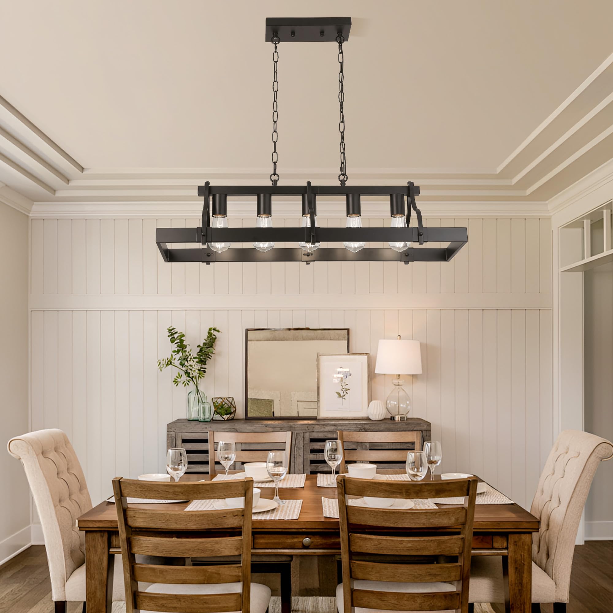 Lampadario A Sospensione A 5 Luci, Imitazione Legno, Lampadario Rustico Lineare, Attacco E27 Per Isola Cucina, Sala Da Pranzo, Ristorante, Lampada A Sospensione, Nero