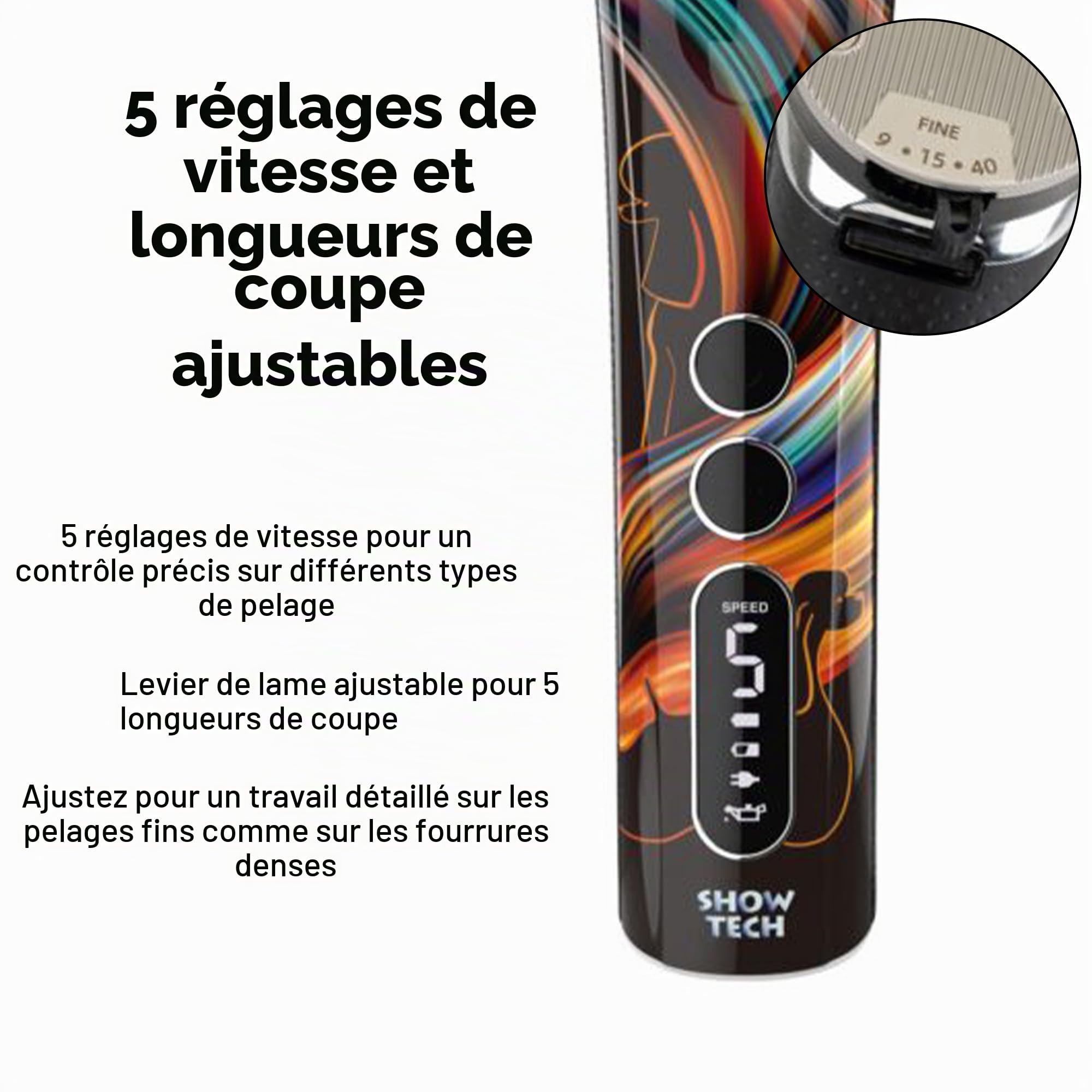 Show Tech Experto Tondeuse sans fil pour chien - Ultra silencieuse - Moteur rotatif puissant pour poils épais - 5 réglages de vitesse - Kit de toilettage pour chien