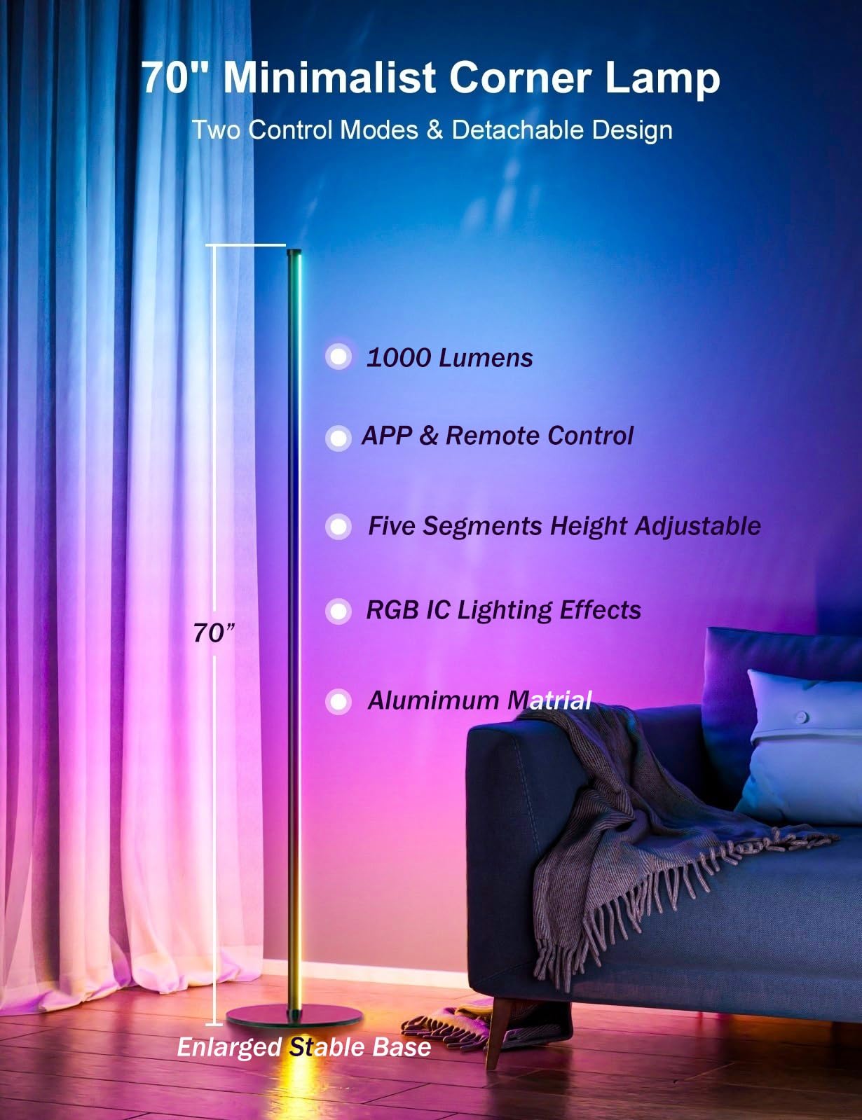LED Stehlampe Wohnzimmer, 180cm RGB Stehlampe Dimmbar mit Fernbedienung, APP-Steuerung, 16 Millionen Farben Musik Sync Warm Weiße Eckleuchte, Ecklampe für Wohnzimmer Schlafzimmer Spielzimmer