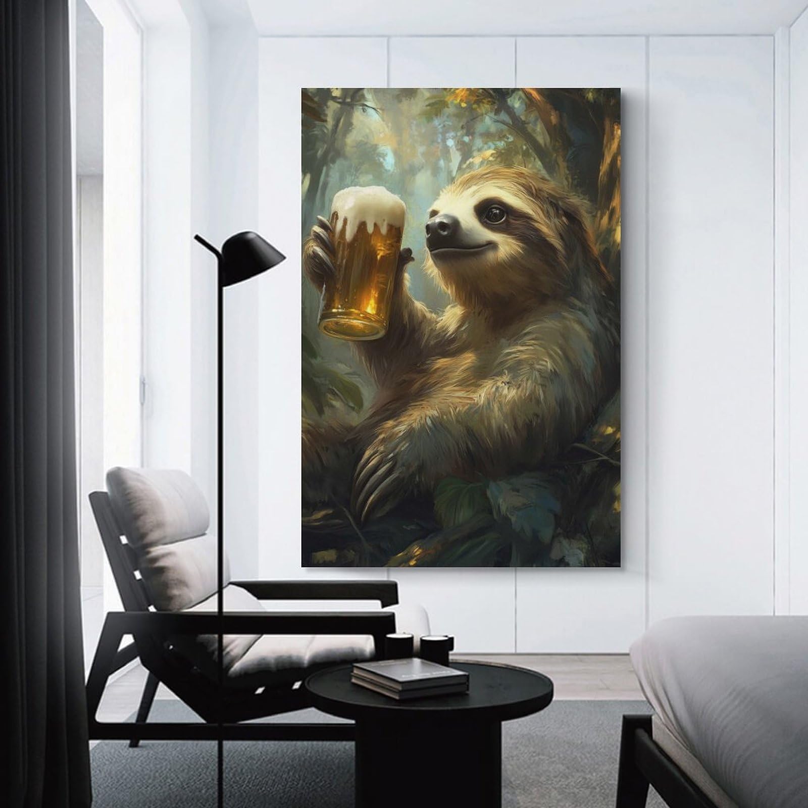 Junmoney Sloth with Beer Room Decor Wall Art 24x36inch(60x90cm), for Art Walls, Layered Displays Or Homes, Wall Decor Suited to Curated Displays
