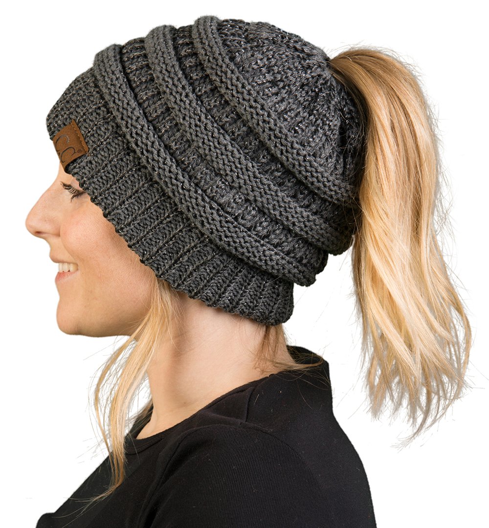 Ponytail Messy Bun BeanieTail Women's Beanie Solid Ribbed Hat Cap