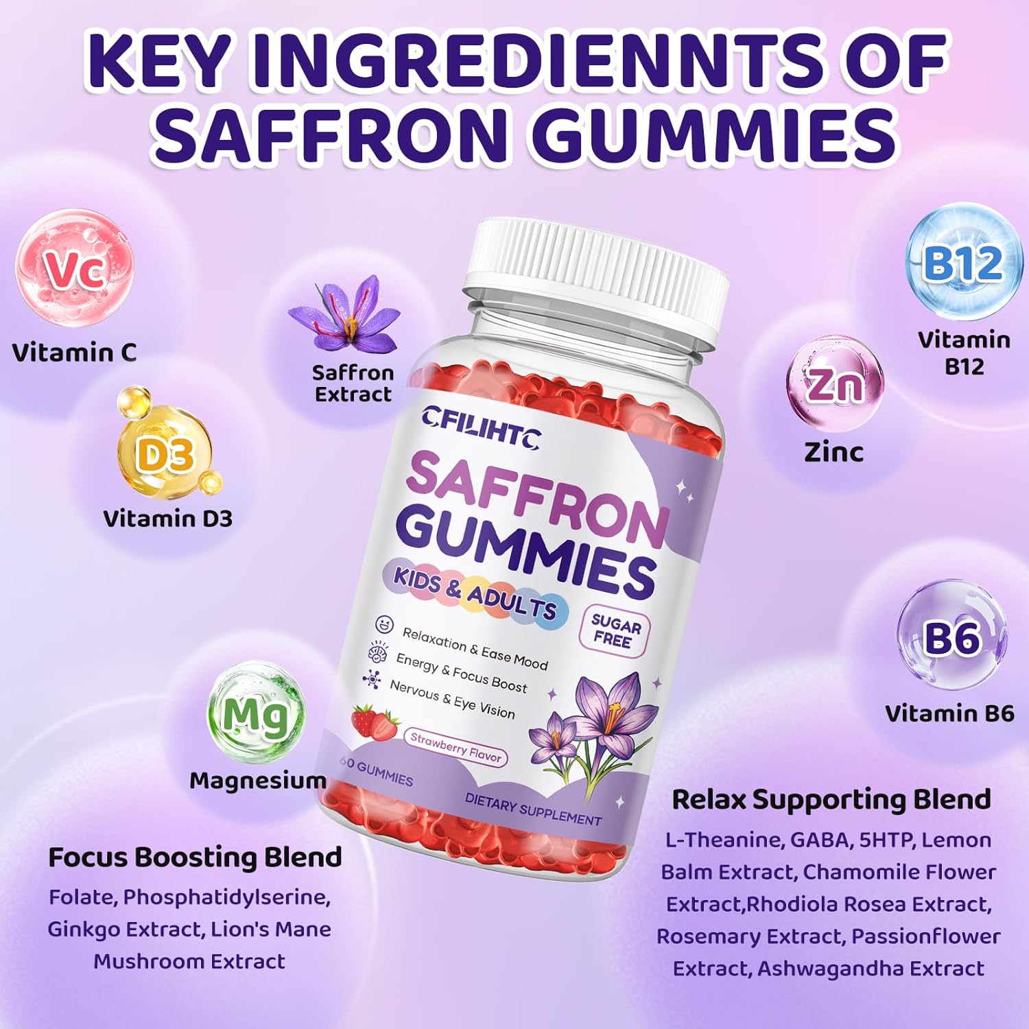 Saffron Gummies for Kids & Adults, 20-in-1 Saffron Supplements with 88.5mg Saffron Extract, B6, B12, C, D3, Magnesium for Calm, Focus, Nerve, Sugar Free, Vegan, Non-GMO - Strawberry Flavor, 60 Counts - Image 3