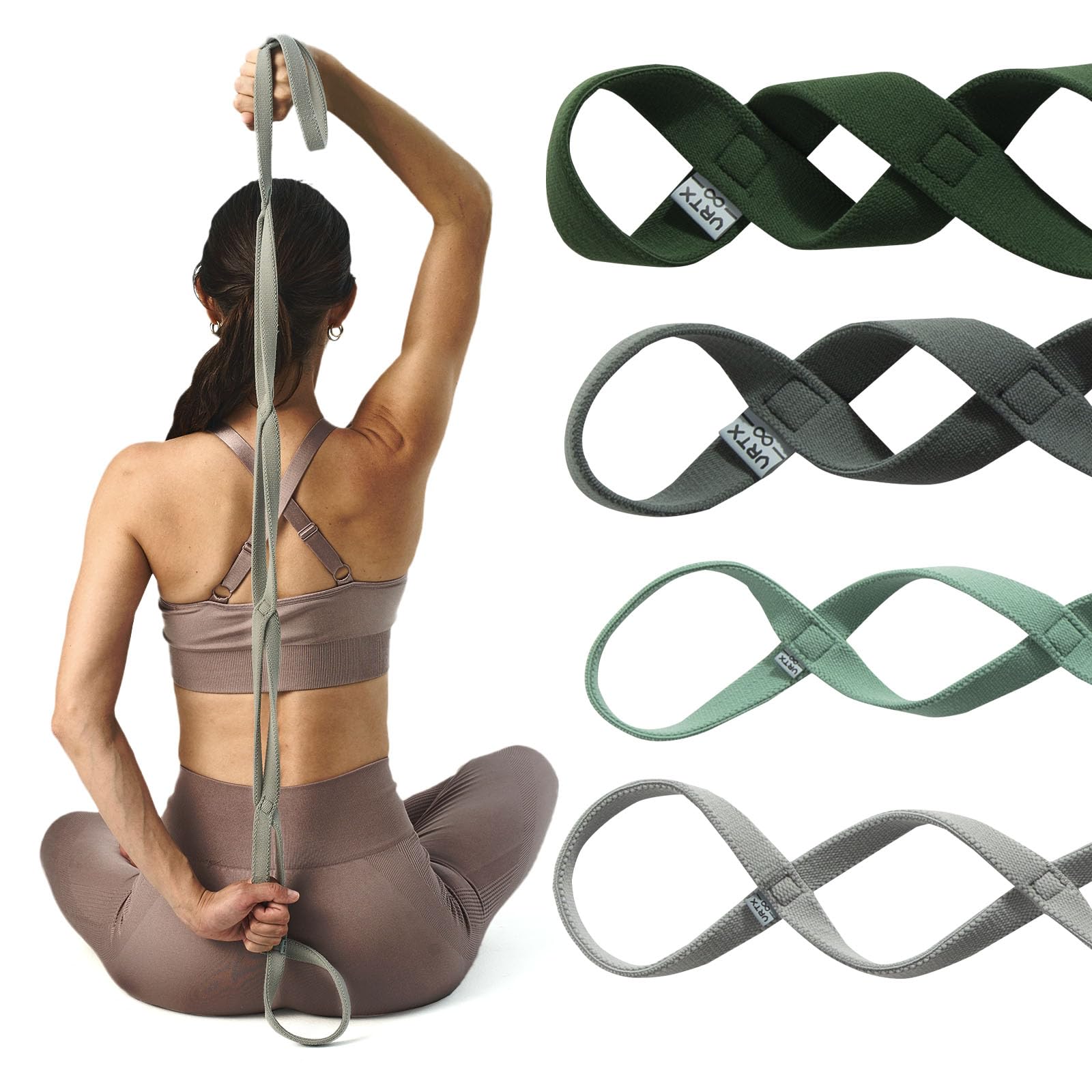 VRTX Stretch Straps for Exercise | Yoga & Pilates Stretching Bands w/ 7 Loops | Resistance Bands for Fitness Workout, Home Gym, Physical Therapy | Soft Mesh Cloth, Durable- Set of 4