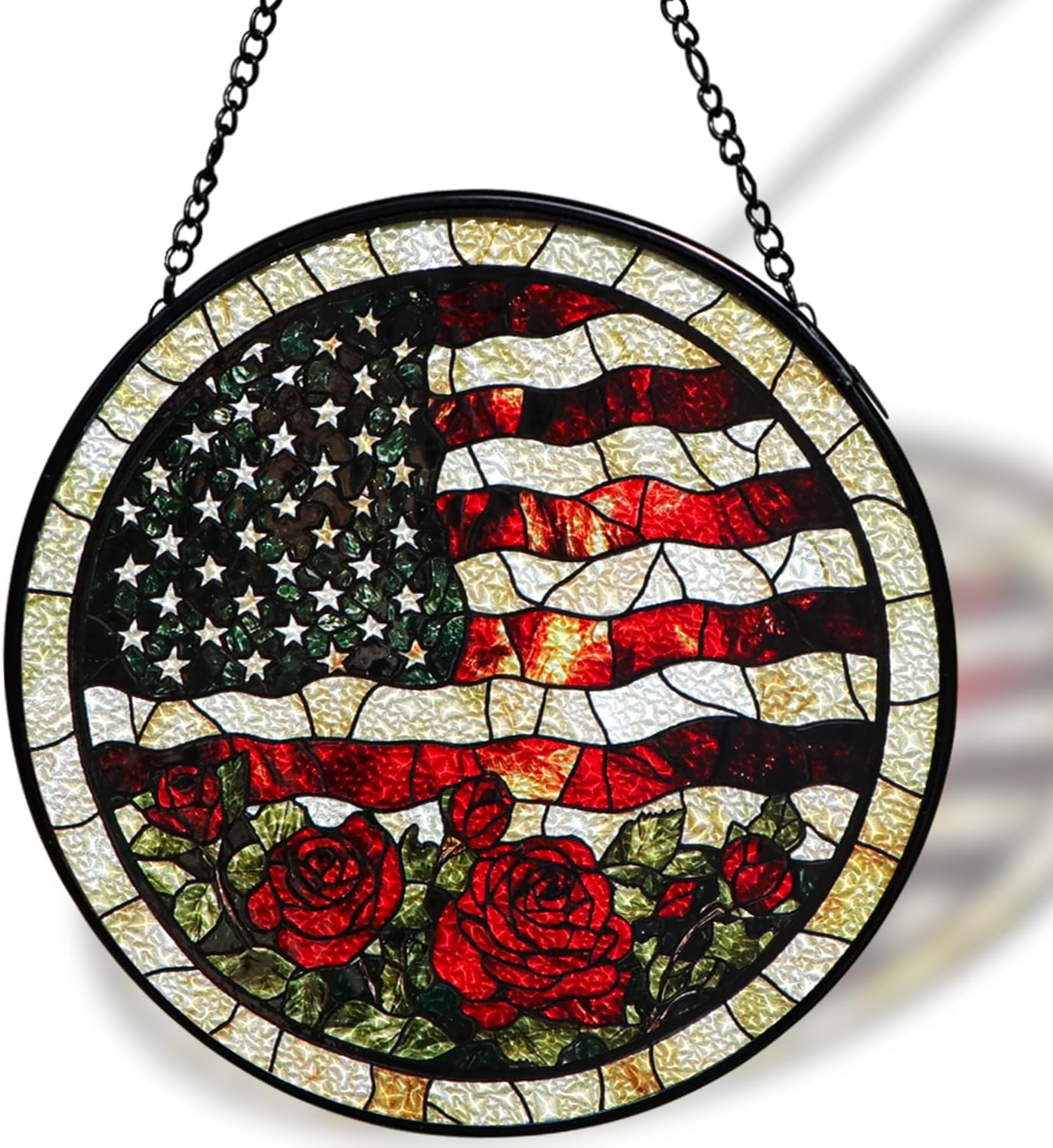 7.9" Stained Glass Window Hanging, Flag & Rose Suncatcher Diamond Glass Panel Hanging Home Decor Indoor Outdoor