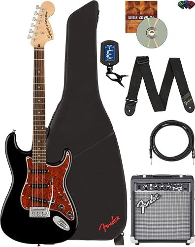 Fender Squier Affinity Stratocaster - Edición limitada negro, paquete con amplificador Frontman 10G, estuche, cable, sintonizador, correa, púas y