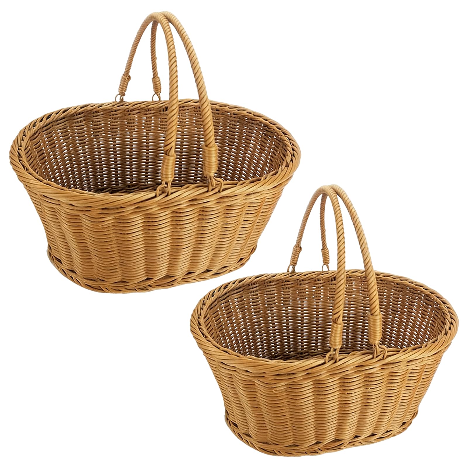 Generic 2Pcs Rattan Easter Basket Double Handle Imitation Rattan Fruit Baskets Large Capacity Plastic Handheld Vegetable Basket for Children Families Egg Hunts
