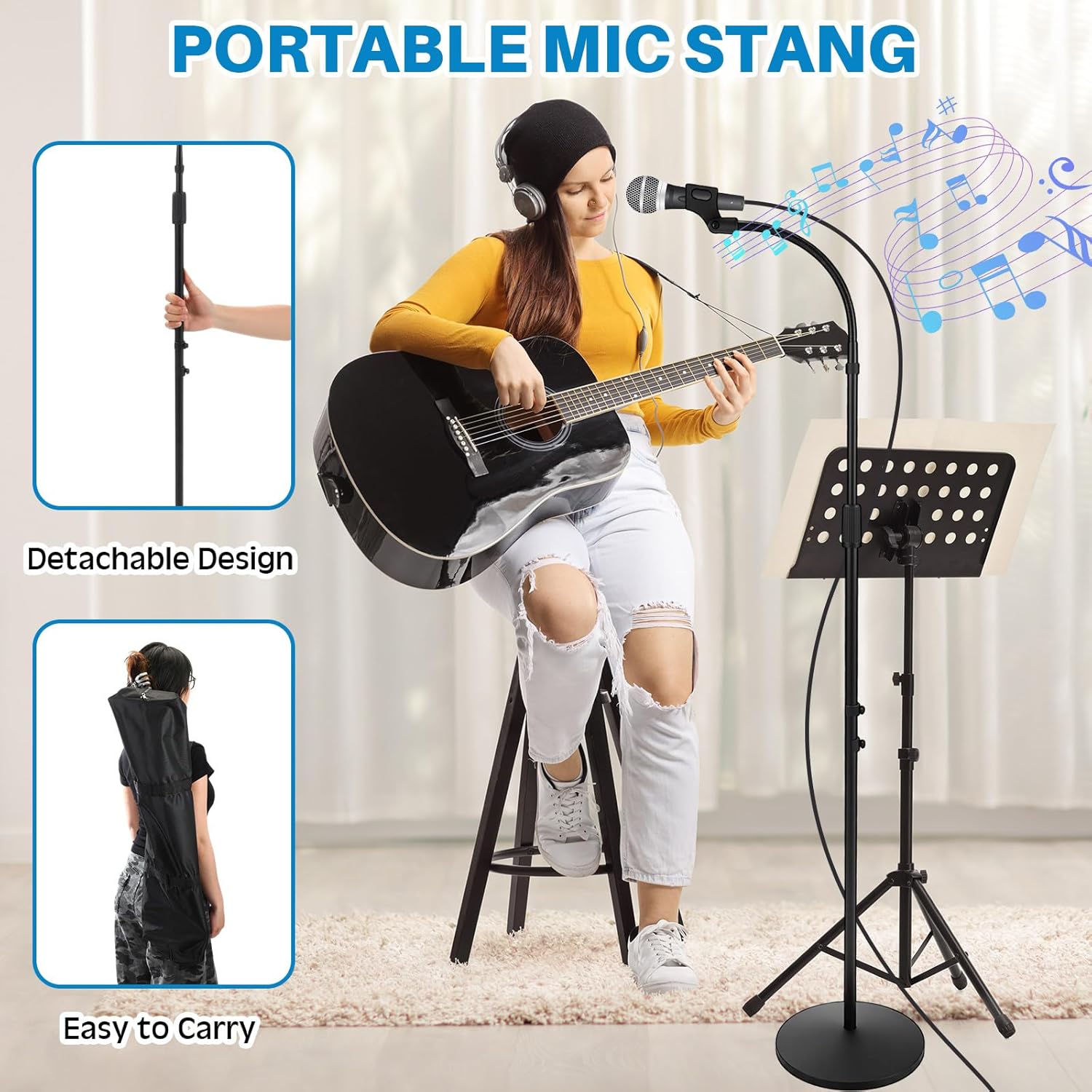Copkim 4 Set Mic Stand Detachable Gooseneck Microphone Floor Stand Height Adjustable from 35. 4'' to 78. 7'' with Weighted Round Base and Storage Bag for Singing Stage Wedding Stage Karaoke Church