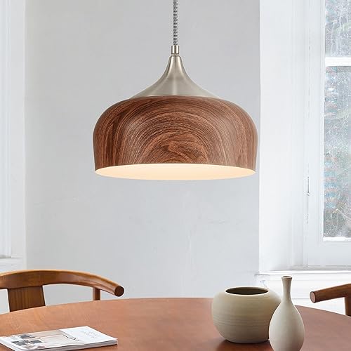 Miniatura 10 de ELYONA Lámpara Colgante Moderna con Patrón de Madera de Nogal Luminaria Colgante de Cúpula de Metal Negro Mate con Acabado Interior Dorado