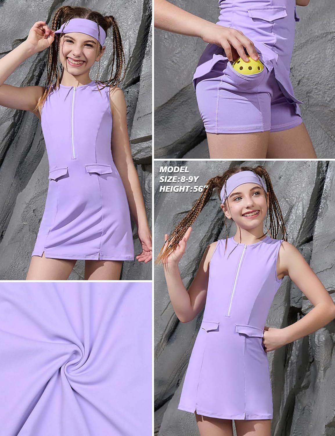 Perfashion Girls Tennis Dress Zipper Golf Athletic Outfit Drop-Waist Pickleball Built-in Bra & Shorts 4-13Y - Image 4