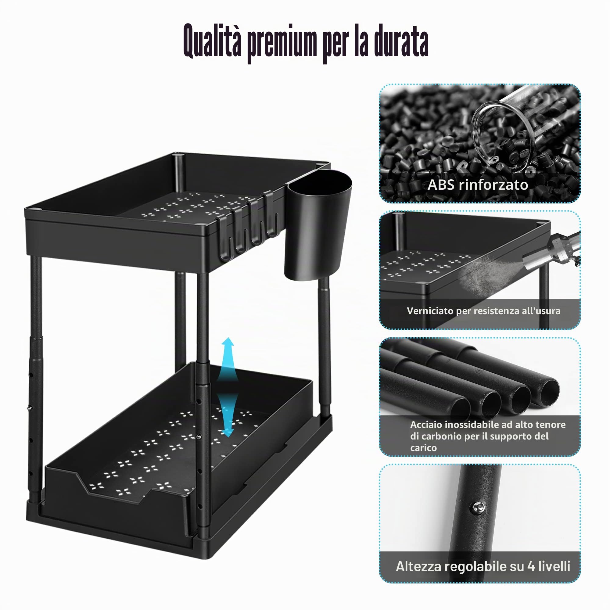Eufrozy Confezione da 2 Organizer Sottolavello a 2 Ripiani, Ripiani Sottolavello con 8 Ganci e 2 Tazze e 1 portasapone, Scaffale Multiuso Regolabile in Altezza per Cucina, Bagno, Nero