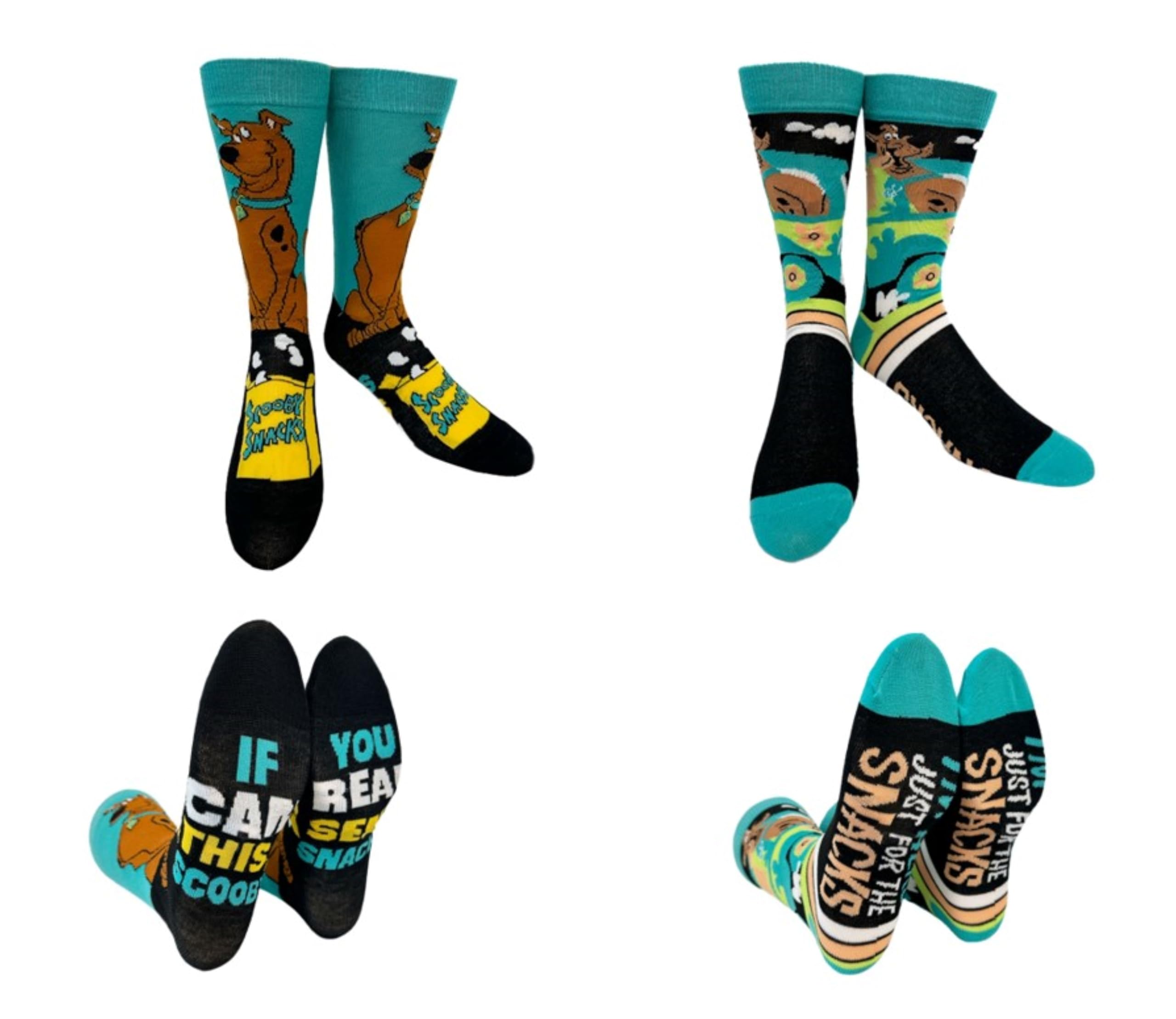 Hyp Men's Multicolor "Sock Talk Scooby Snacks 2 Pack Socks. 2 Pair Scooby Doo In Mystery Machine & Scooby Snacks - Bottom Sole Text: I’m Here For The Snacks & If You Can Read This… ’S Shoe Size 6-12.,