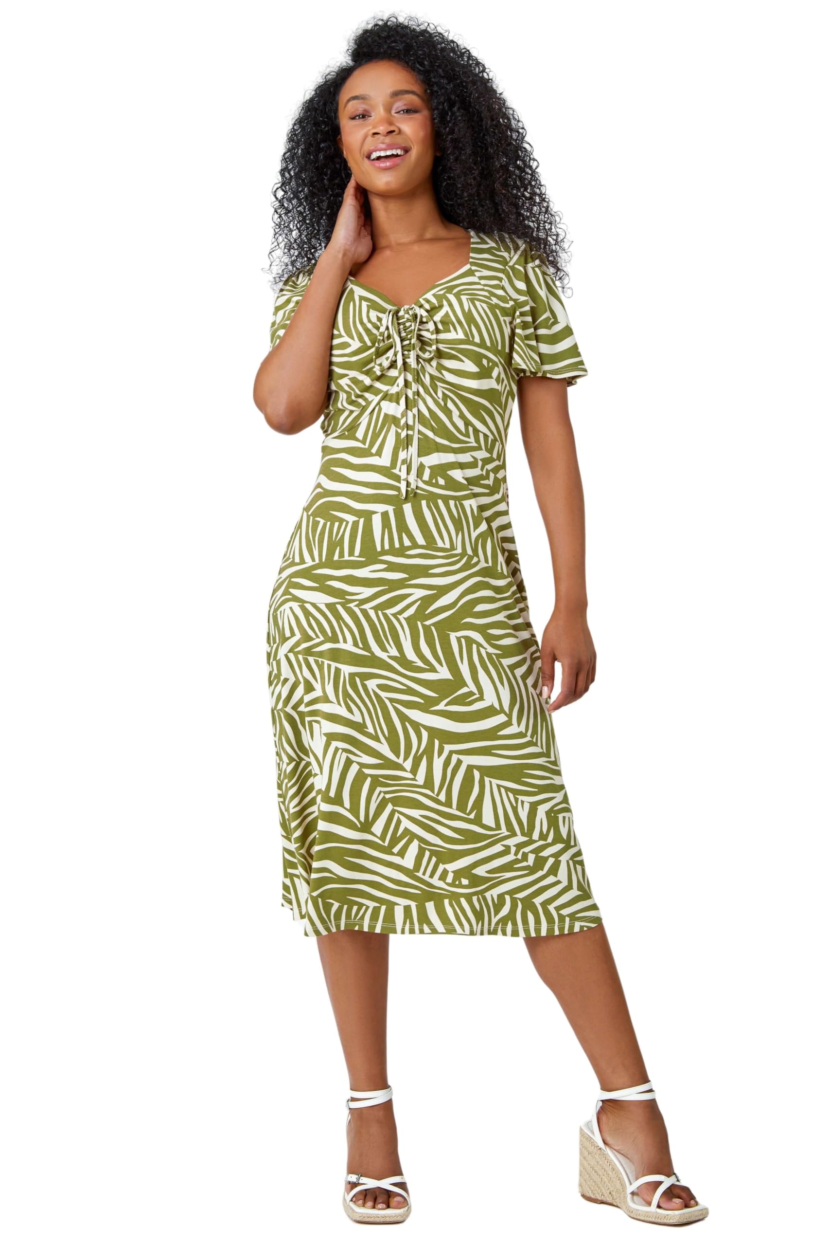 Roman Petite Animal Stretch Gathered Midi Dress, Green, Size 18, Women