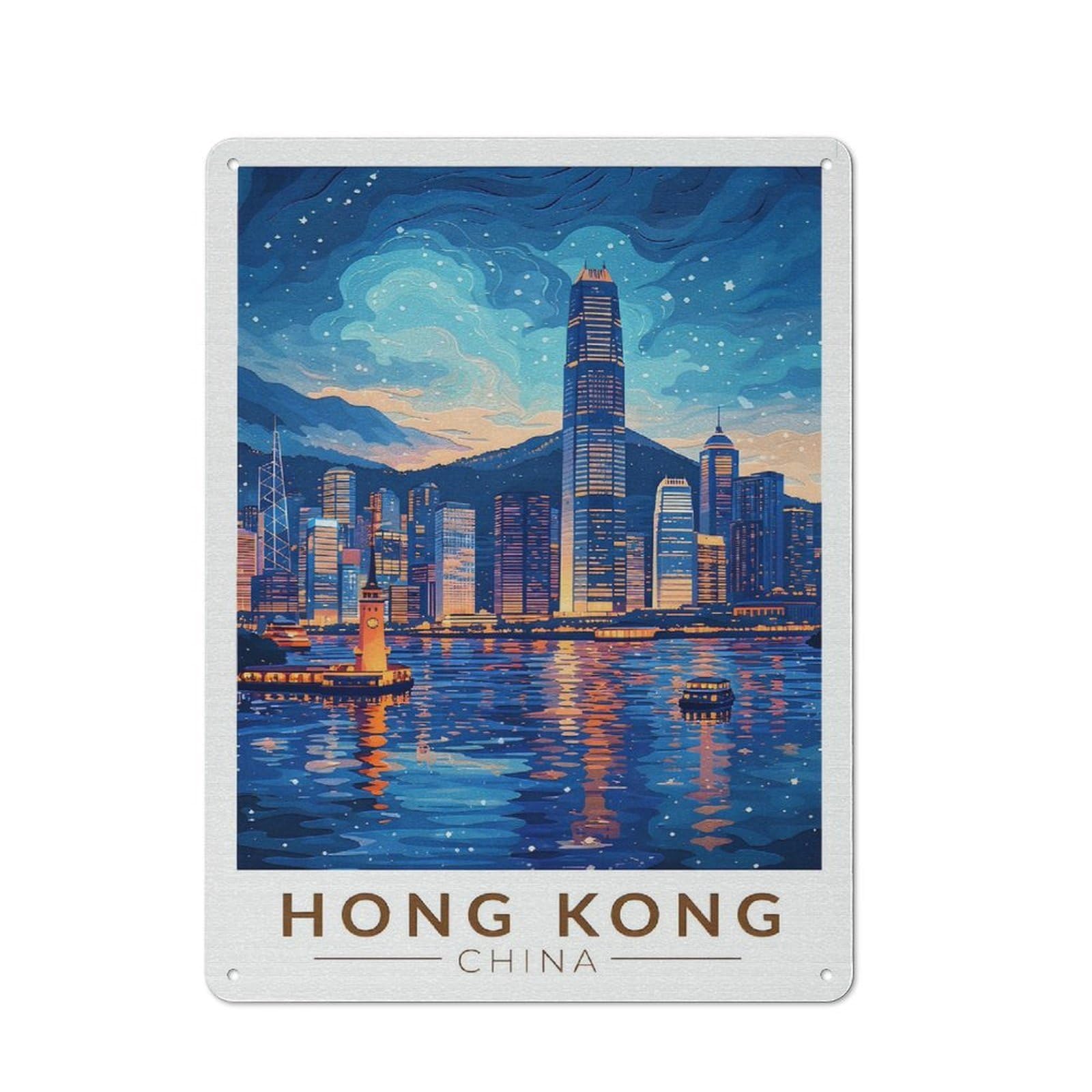 Junmoney Style-13 Garage Style Hong Kong Skyline At Night Retro Metal Sign 40X30cm, Workshop Wall Decor For Workshop, Basement, Shed Or Games Room