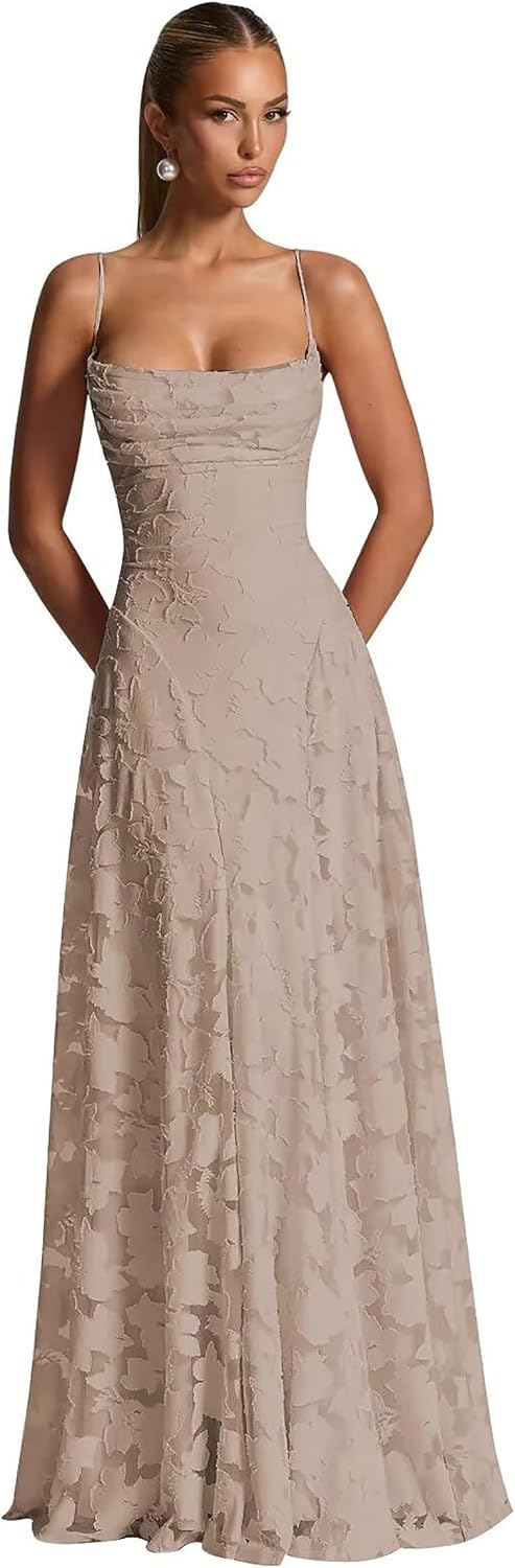 Floral Lace Bridesmaid Dress Spaghetti Straps Formal Party Evening Dress Long Backless Wedding Guest Dresses XD17