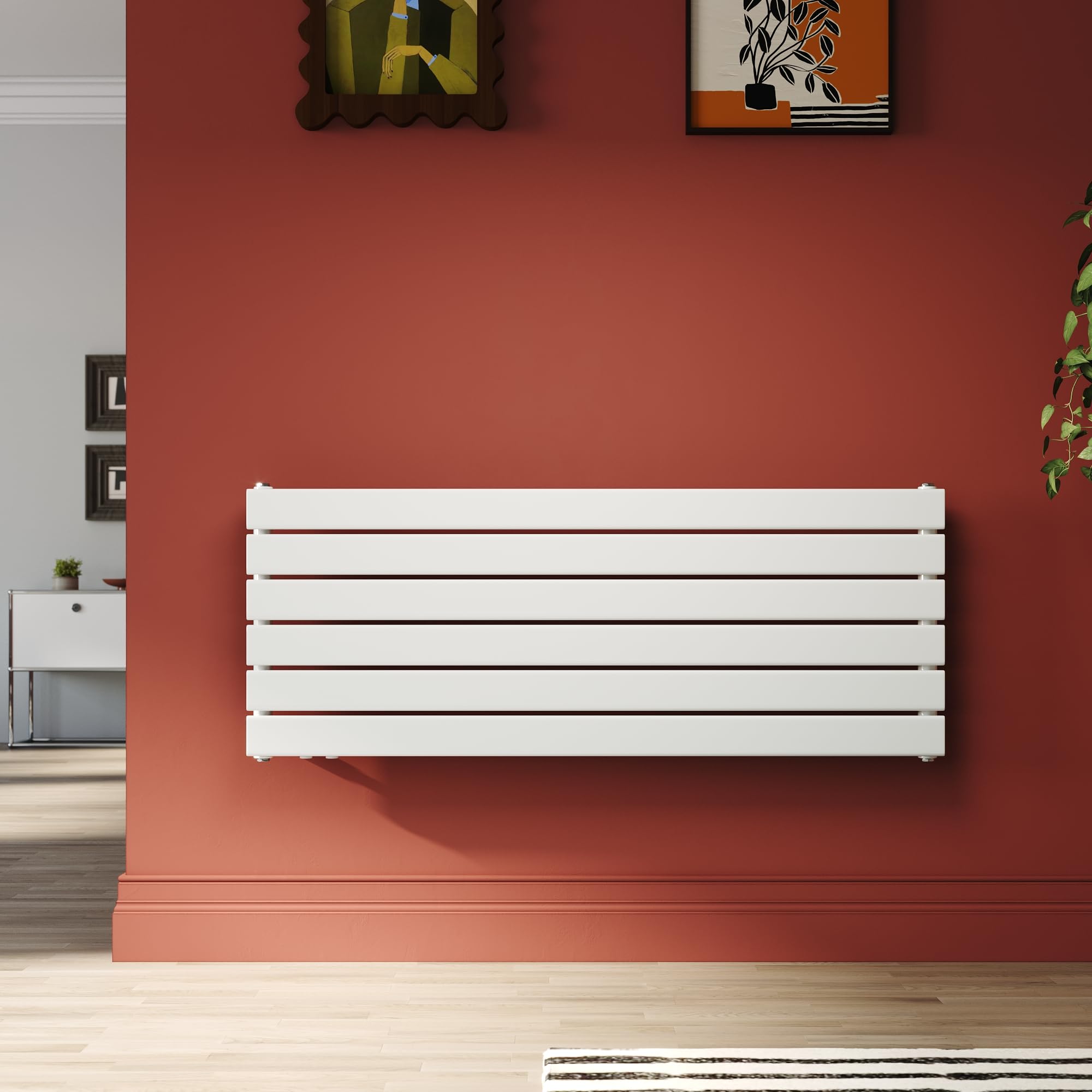 SONNI Termoarredo Design Piatto 1200x465mm Bianco 734W Orizzontale | Radiatore Piatto Monostrato 734W Per Bagno, Collegamento Laterale, Design Salvaspazio Per Ambiente Moderno