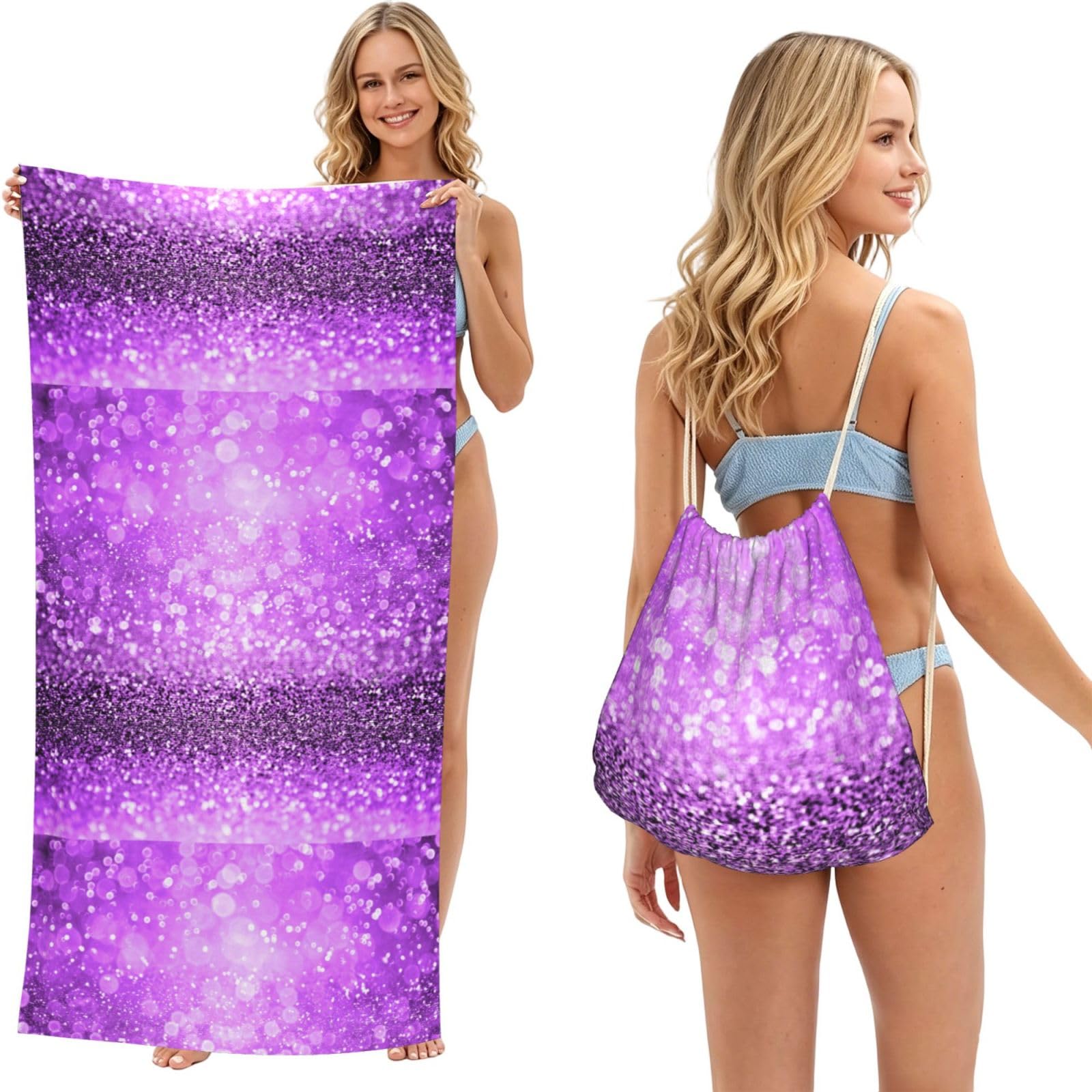 Poadnly As Picture Sparkling Purple Glitter, 2 In 1 Packable Towel Bag, Beach Towels With Drawstring Backpack For Travel Holiday Camping