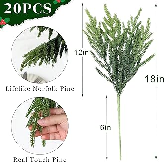 20 Pcs Real Touch Norfolk Pine Branches, Artificial Christmas Green Plants Branch Faux Greenery Stem Fake Pine Picks for Vase DIY Crafts Garland Wreath Xmas Indoor Outdoor Decor(18 Inches)