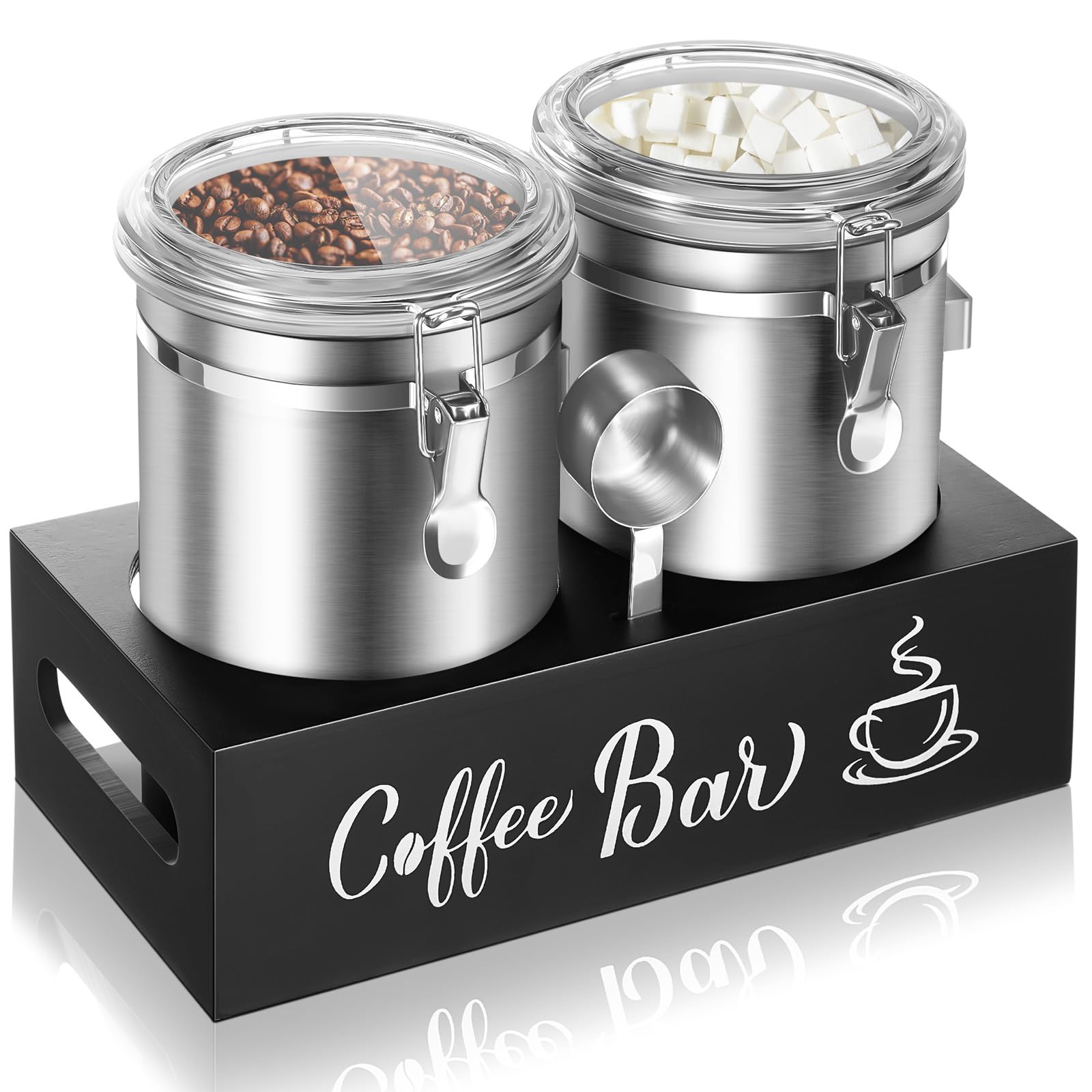 Maxcheck Kaffeedosen mit Ablage, 304 Edelstahl, Kaffeestation, Behälter für gemahlene Kaffeebohnen, mit luftdichter Verschlussklemme und Schaufel, Küchen-Lebensmittel-Vorratsdosen (Silber), 2 Stück
