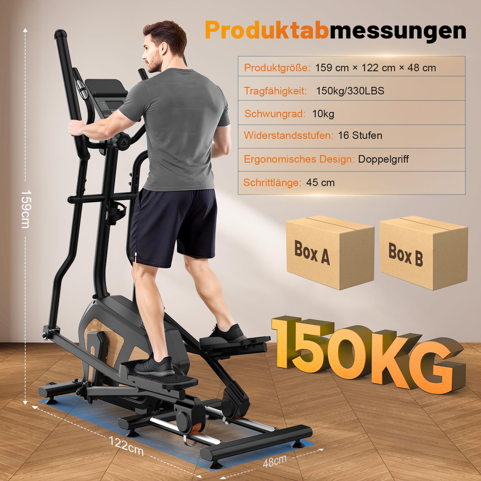 Crosstrainer 3-in-1 Magnetischer Ellipsentrainer 16 Widerstandsstufen 10kg Schwungrad 45cm Schrittlänge 150 kg